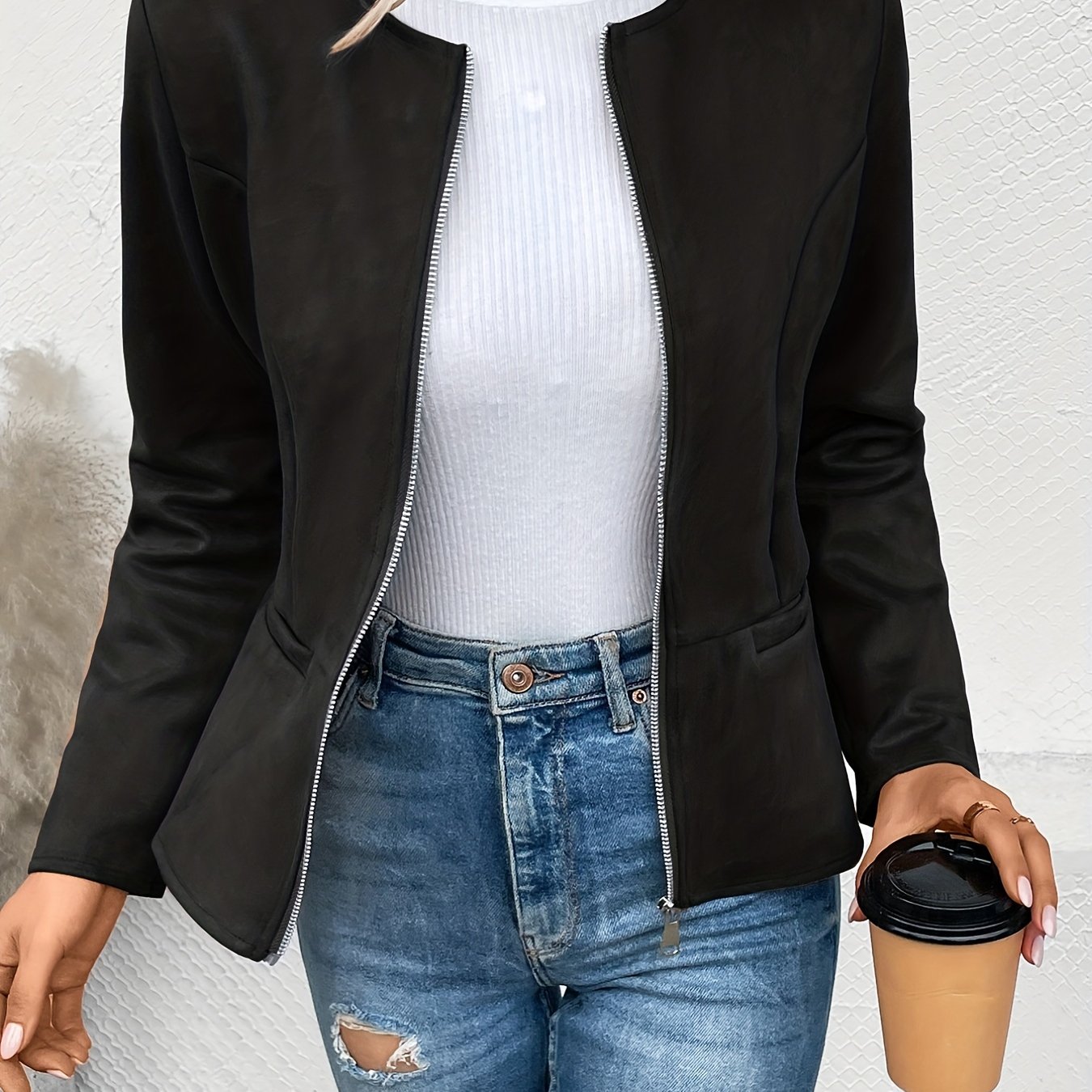 Sixsr Solid Zip Up Jacket, Casual Long Sleeve Crew Neck Outerwear For Spring & Fall, Women's Clothing