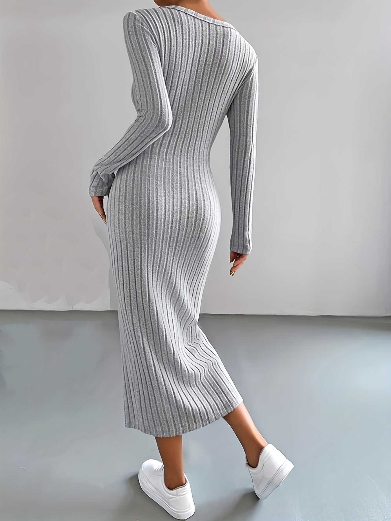 Sixsr Plus Size Casual Sweater Dress, Women's Plus Solid Ribbed Button Up Long Sleeve V Neck Medium Stretch Slim Fit Dress