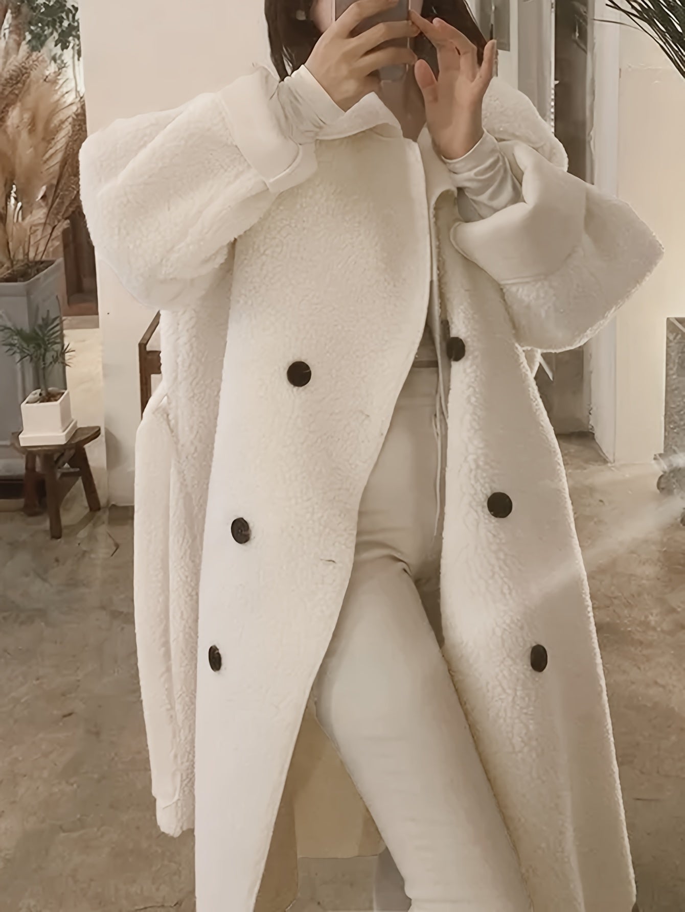 Sixsr Solid Double Breasted Belted Overcoat, Elegant Long Sleeve Outwear For Fall & Winter, Women's Clothing