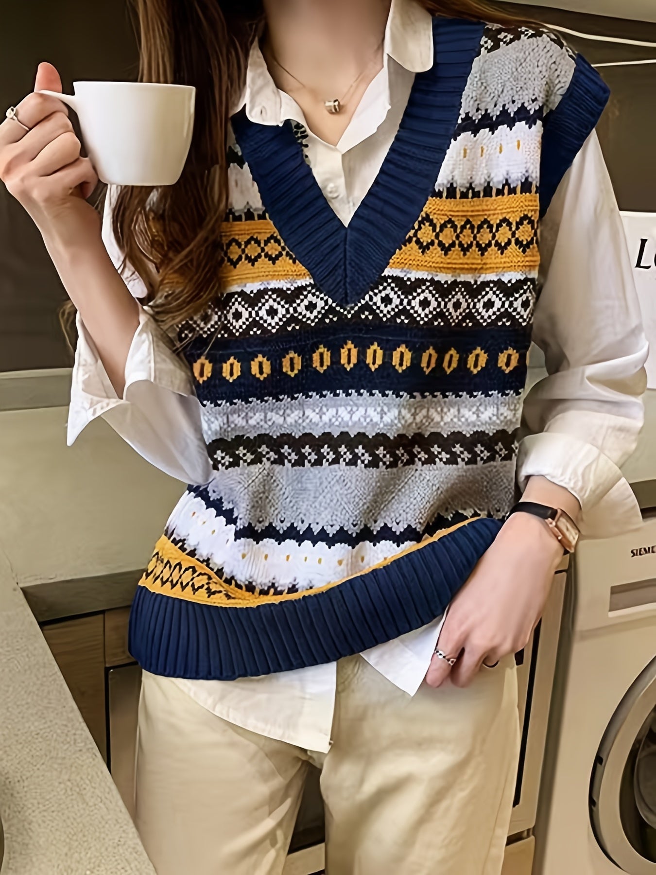 Sixsr Geo Pattern V-neck Sweater Vest, Vintage Sweater Vest For Fall & Winter, Women's Clothing