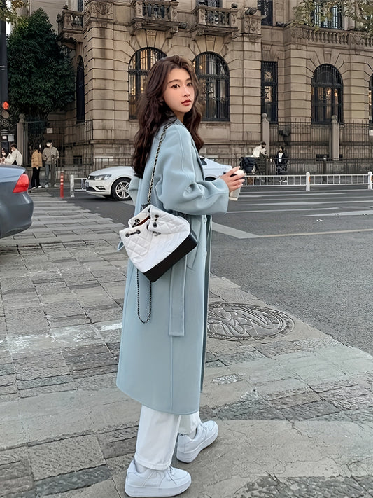 Sixsr Solid Double Breasted Lapel Overcoat, Elegant Long Sleeve Belted Winter Outwear, Women's Clothing