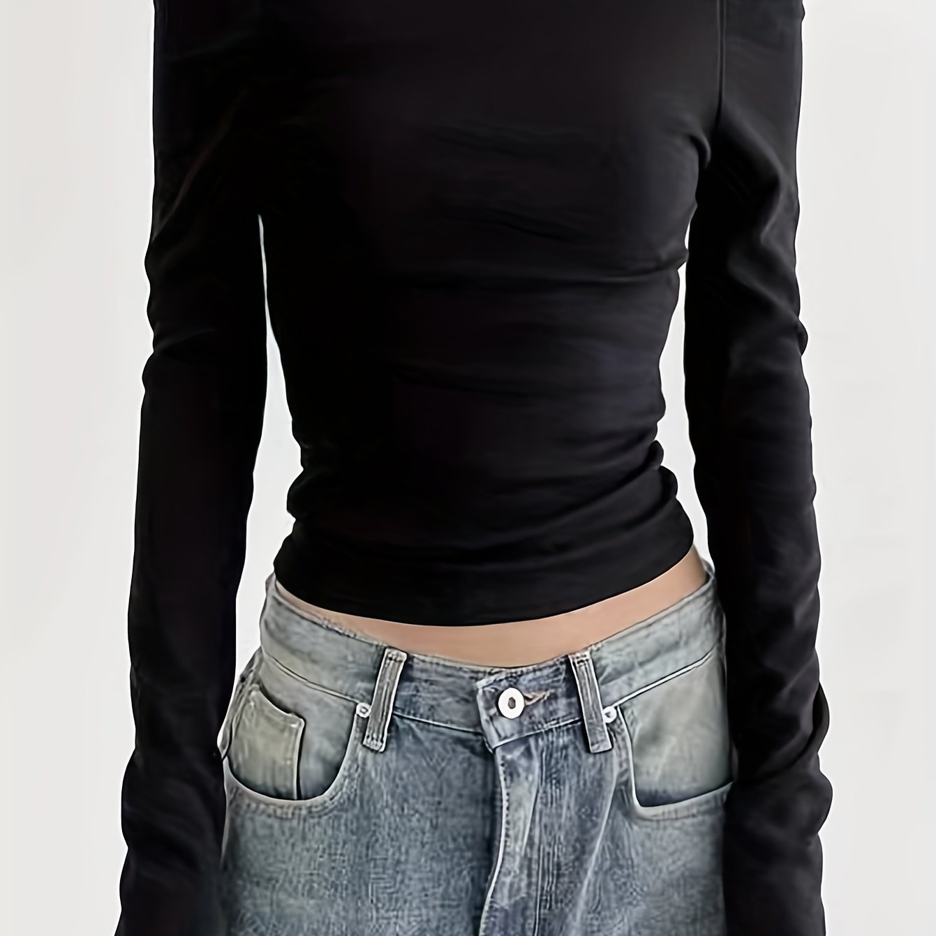 Sixsr Solid Color Off-shoulder T-Shirt, Stylish Long Sleeve Crop T-Shirt For Spring & Fall, Women's Clothing