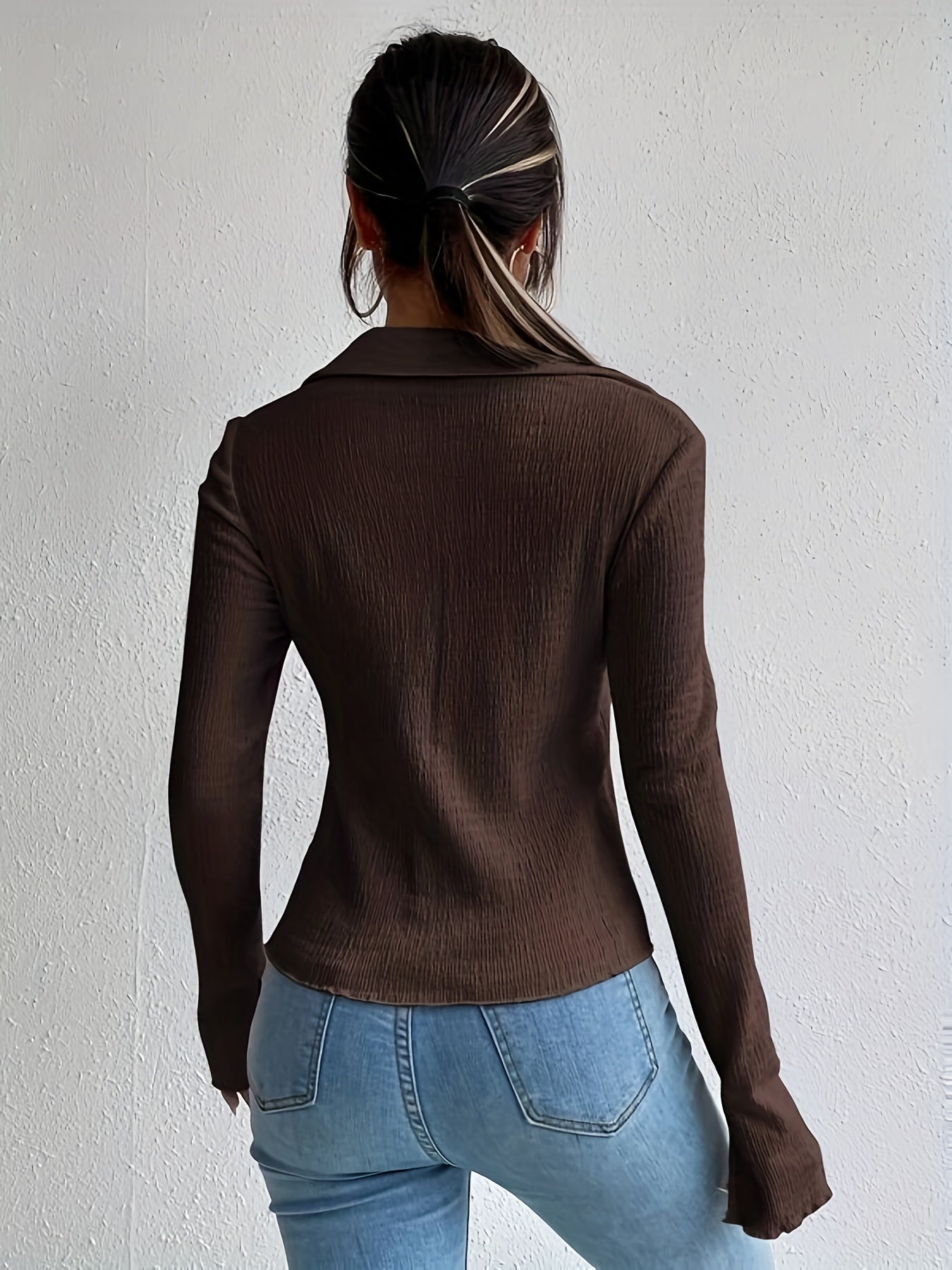 Sixsr Textured Button Front Collared Blouse, Casual Long Sleeve Top For Spring & Fall, Women's Clothing