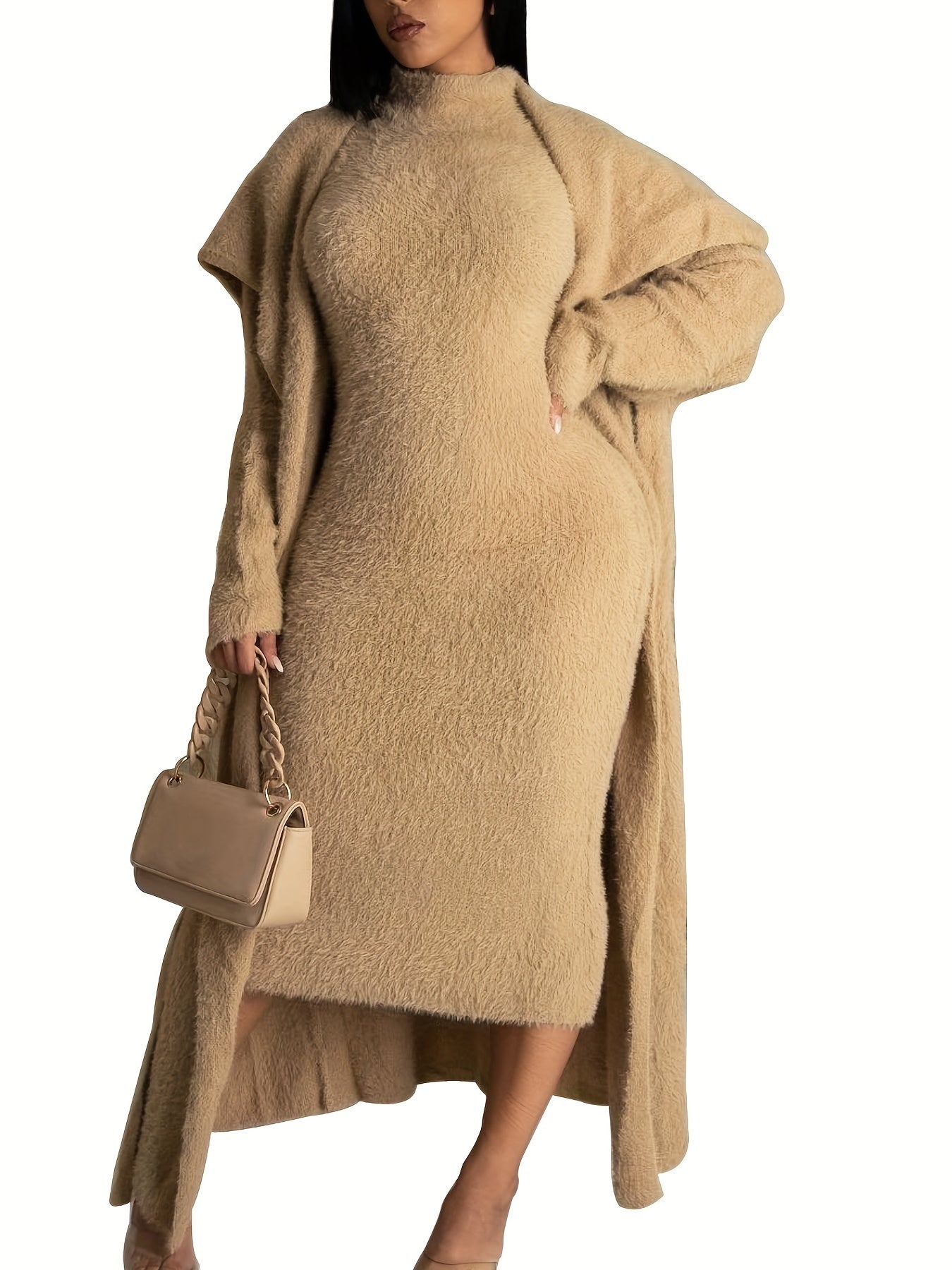 Elegant Two-piece Set - Open Front Cardigan & Bodycon Dress for Women - Stylish and Comfortable Outfit