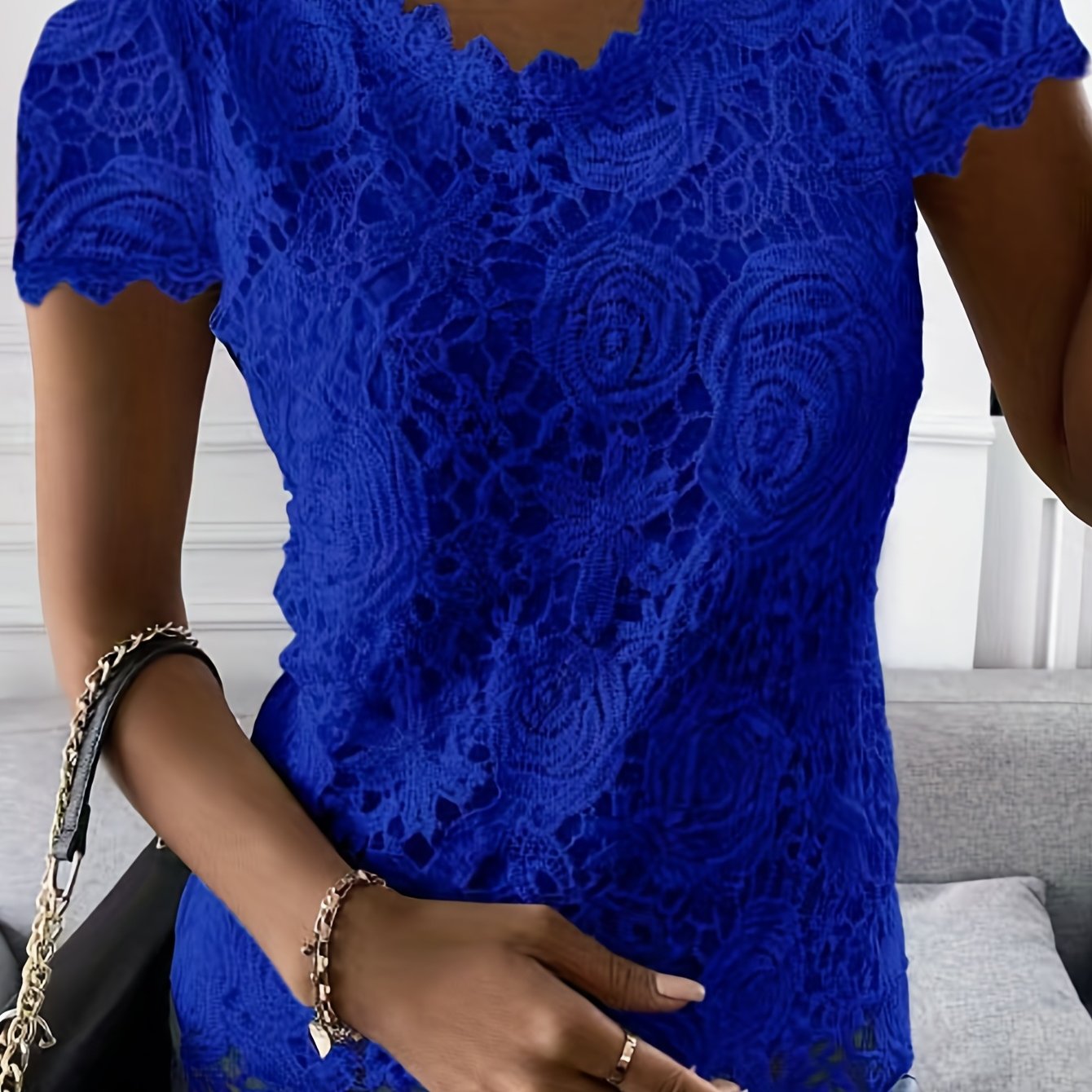 Sixsr Lace Crew Neck T-Shirt, Elegant Short Sleeve T-Shirt For Spring & Summer, Women's Clothing