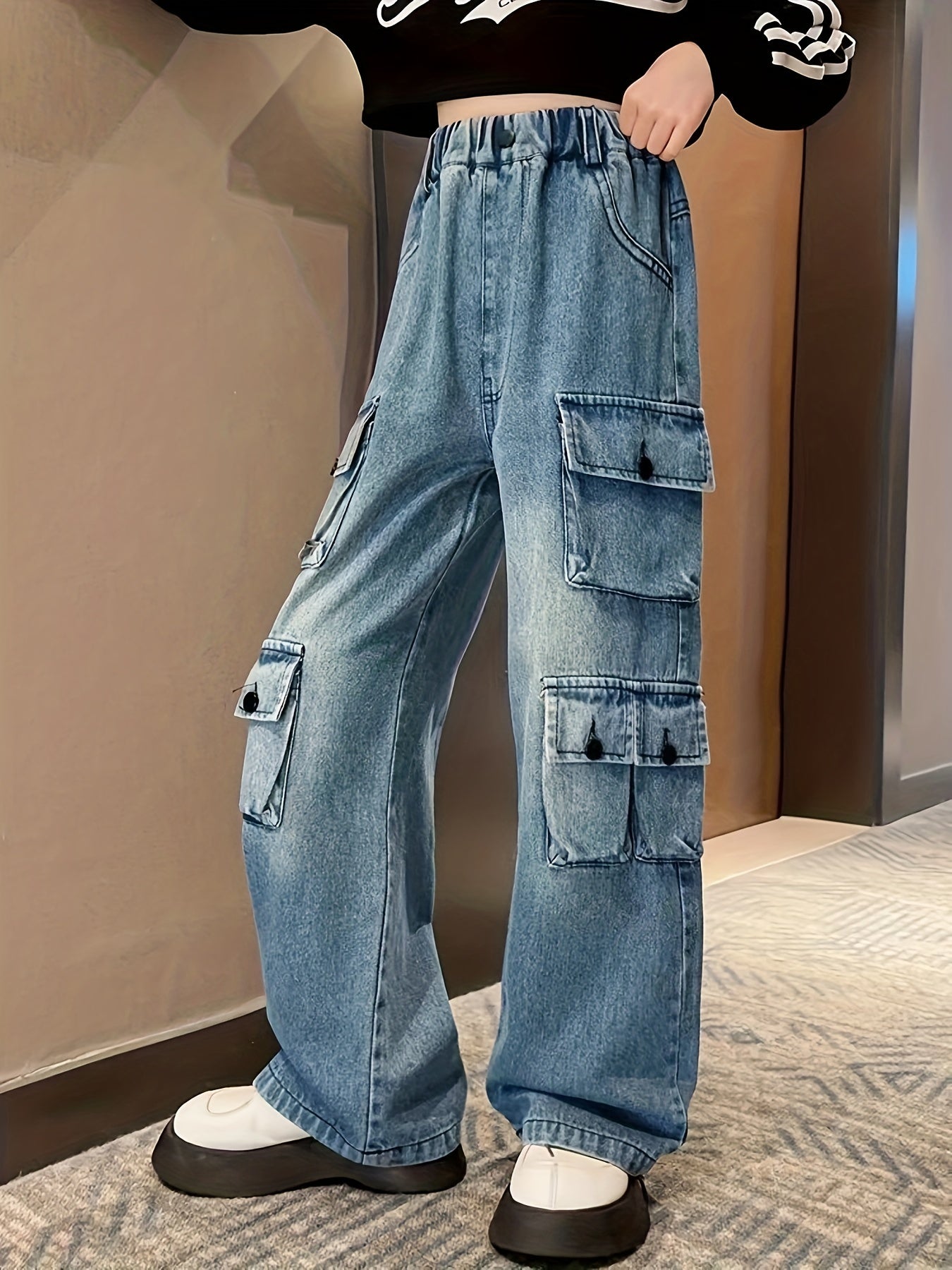 Sixsr Girls' Autumn/winter Trousers, Trendy Loose Straight Multi-pocket Cargo Denim Pants, Kids' Jeans For Outdoor, Kids Clothing