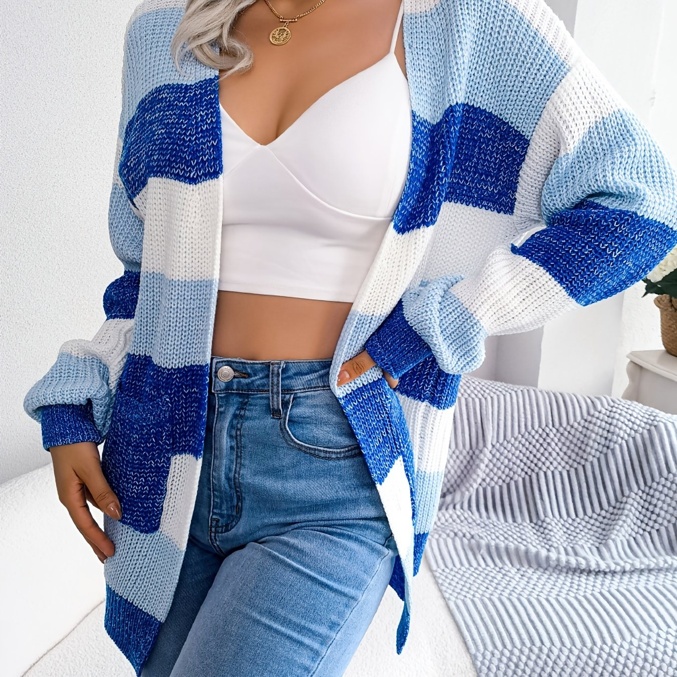 Sixsr Striped Colorblock V-neck Cardigans, Casual Loose Drop Shoulder Long Sleeve Fall Winter Knit Cardigan, Women's Clothing