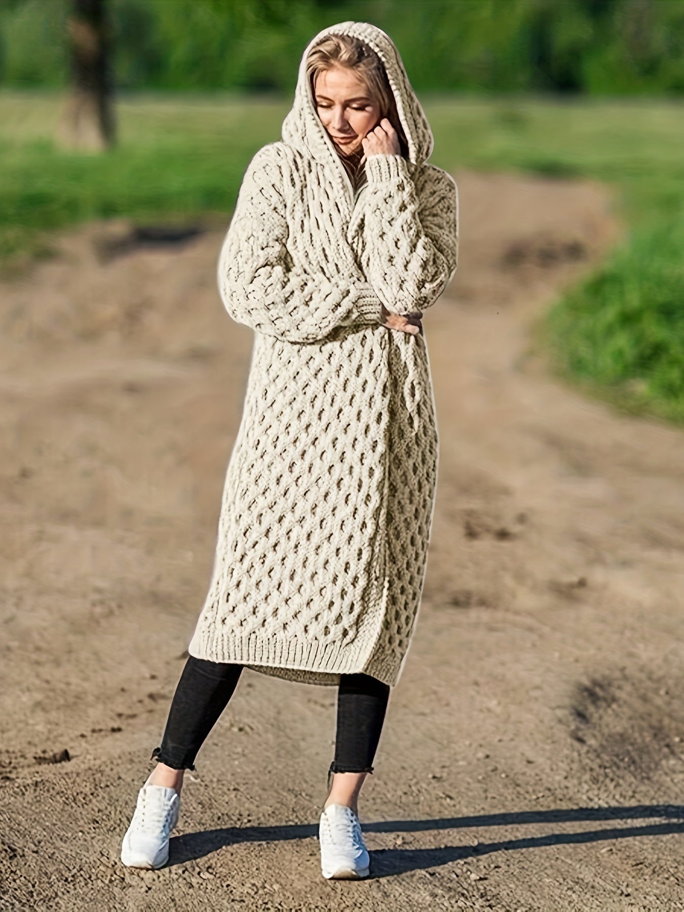 Sixsr Solid Open Front Hooded Cardigan, Casual Long Sleeve Long Length Sweater For Fall & Winter, Women's Clothing