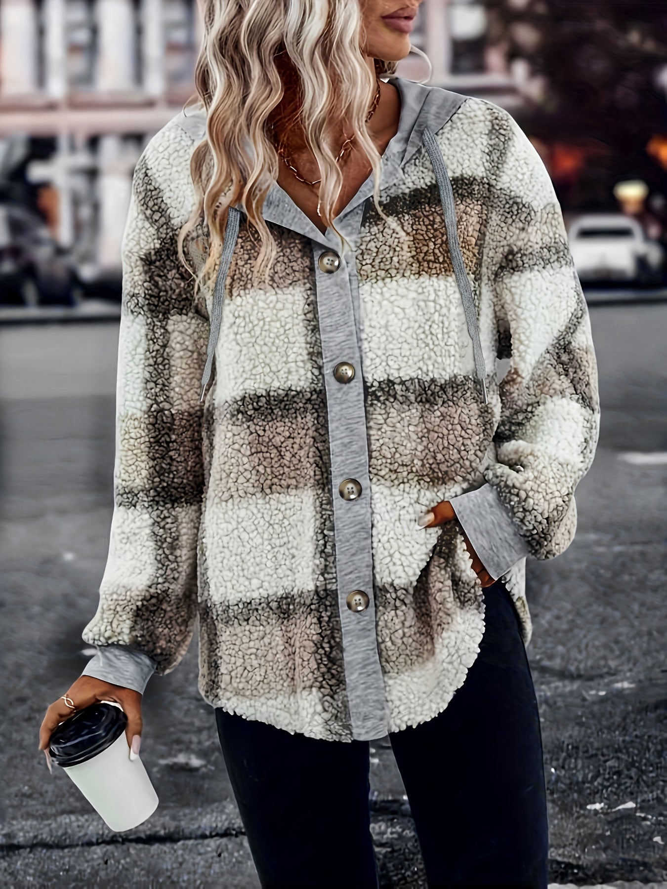 Sixsr Plaid Pattern Hooded Coat, Casual Button Front Drawstring Long Sleeve Outerwear, Women's Clothing