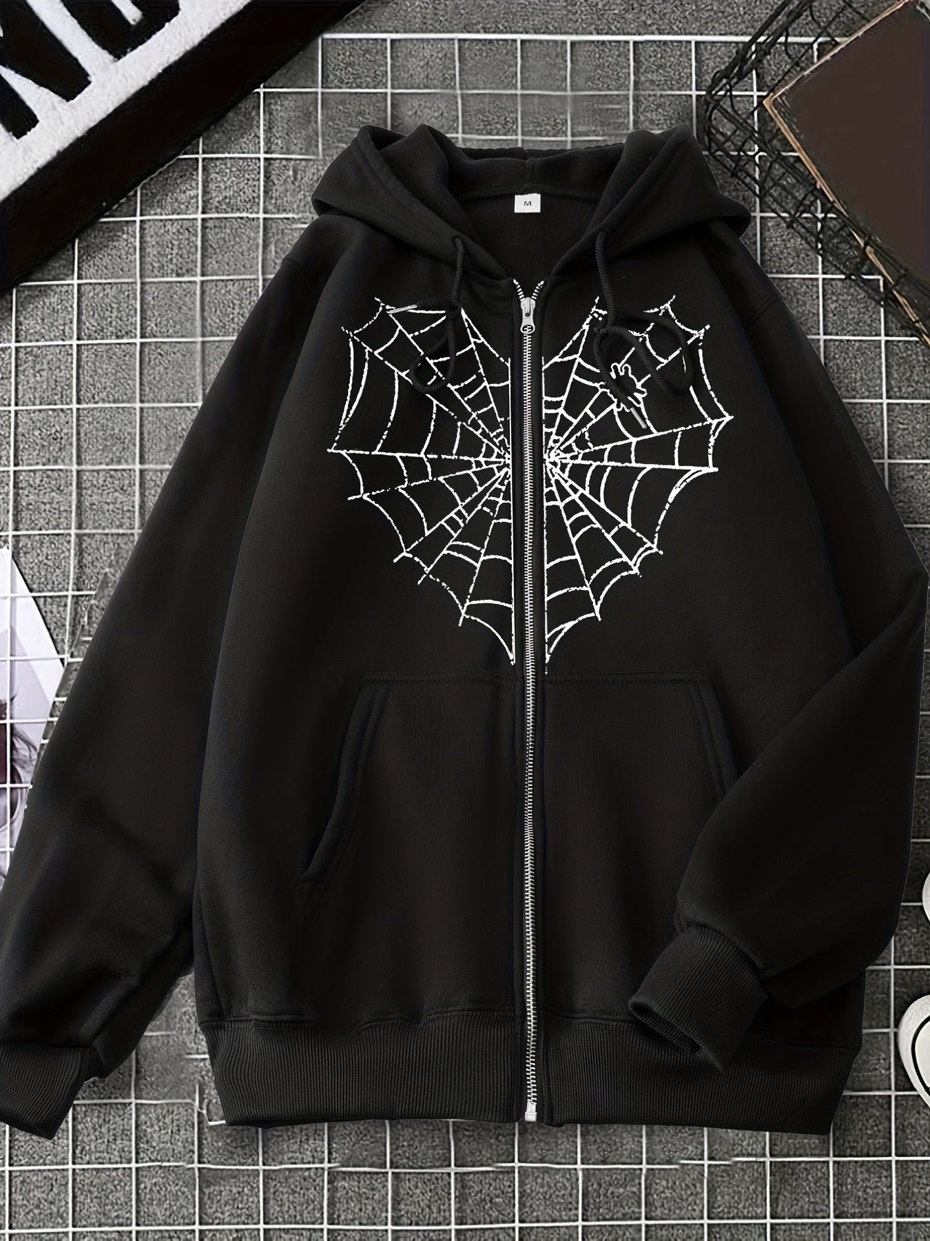 Sixsr Heart Web Print Zip Hoodie, Long Sleeve Zipper Thermal Hoodie Coat With Pocket, Streetwear Hooded Jacket