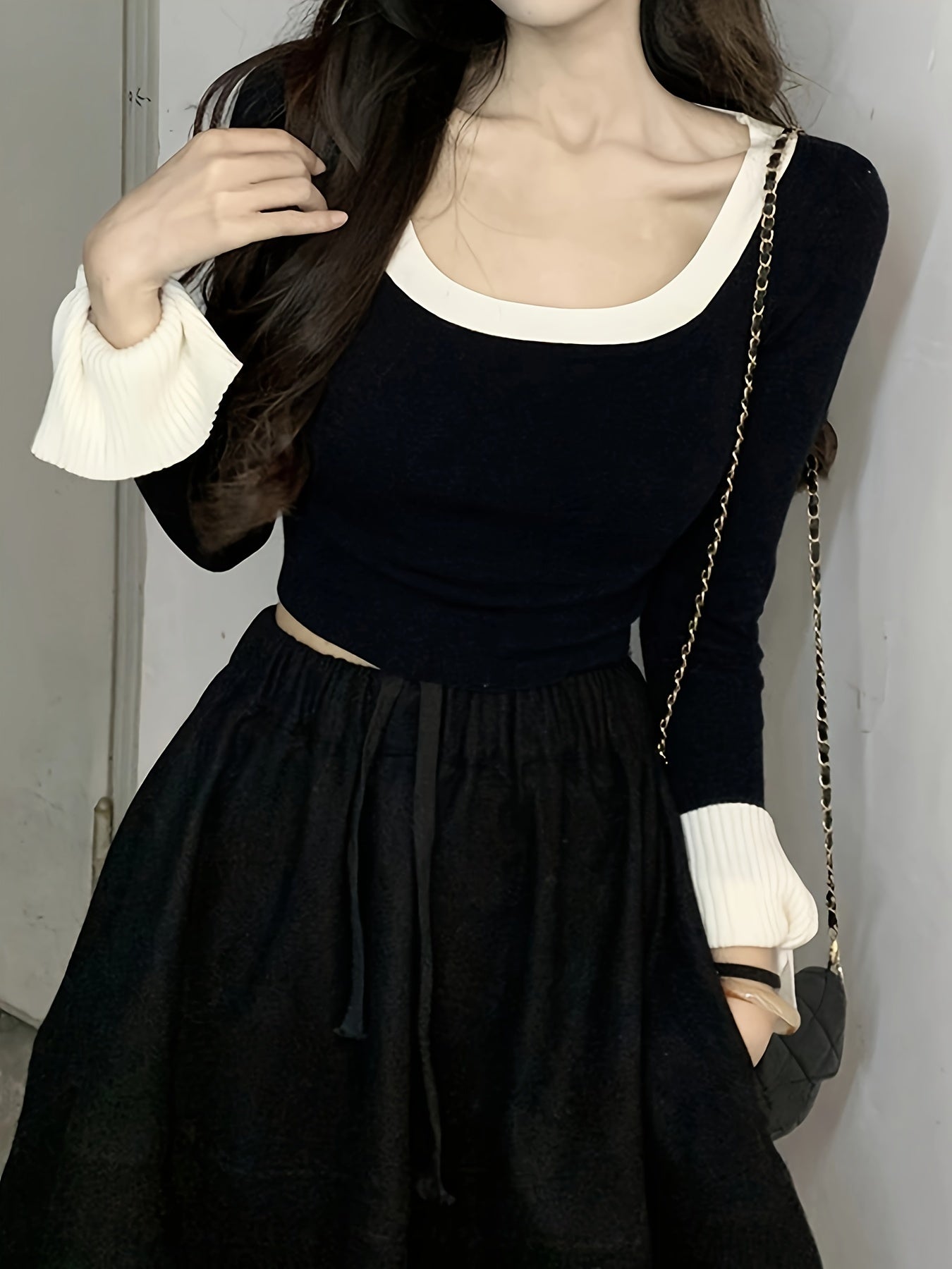 Sixsr Color Block Scoop Neck Knitted Top, Casual Tied Long Sleeve Crop Pullover Sweater, Women's Clothing