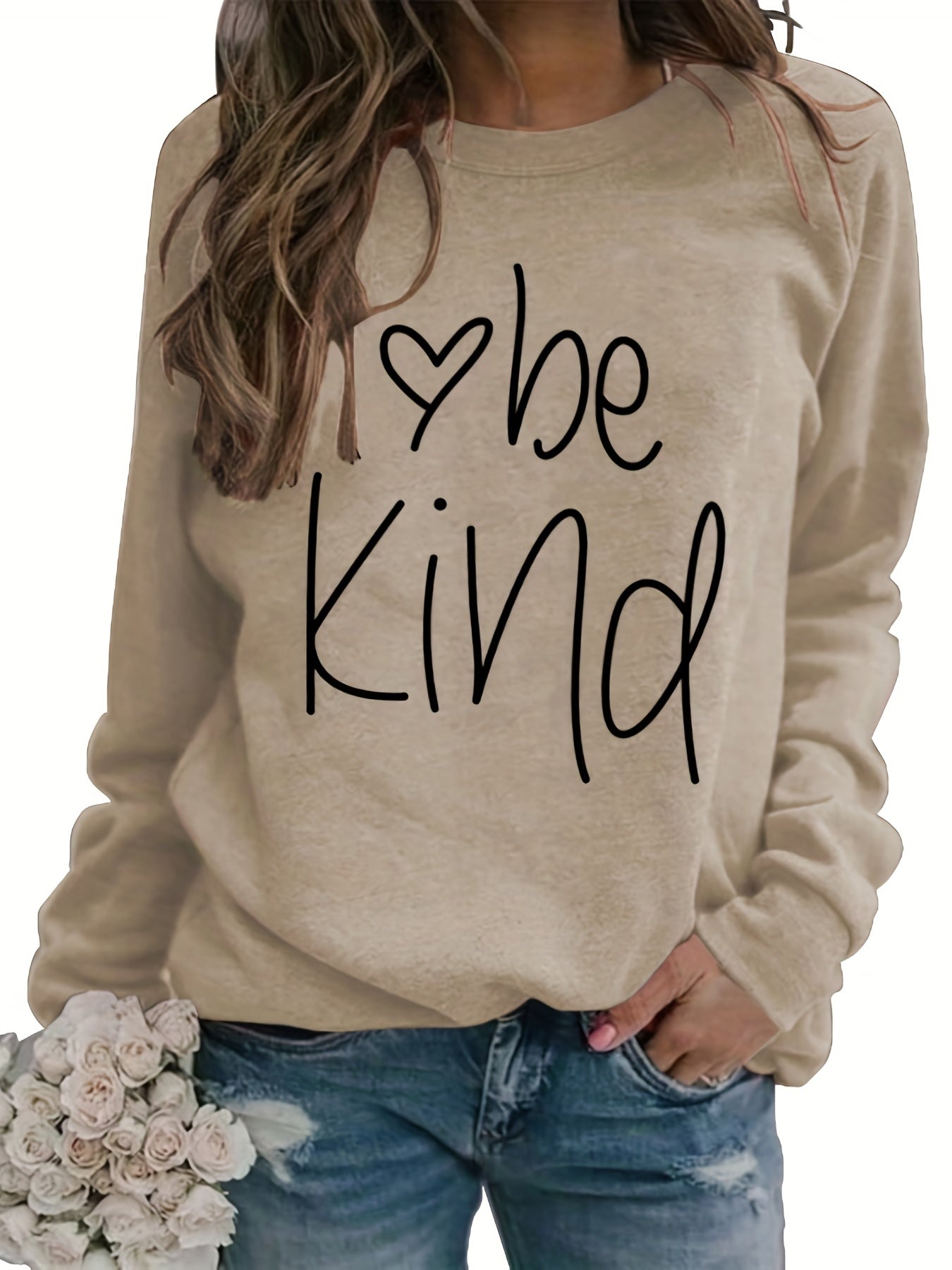 Sixsr Be Kind Letter Print Sweatshirt, Long Sleeve Crew Neck Pullover Sweatshirt, Casual Tops For Fall & Winter, Women's Clothing