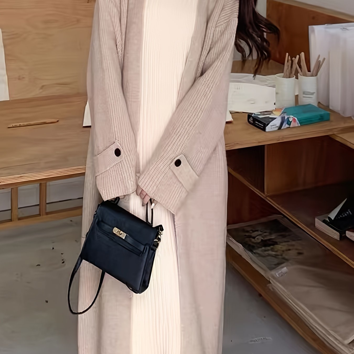 Sixsr Elegant Open Front Solid Cardigan, Long Sleeve Midi Length Cardigan For Fall & Winter, Women's Clothing