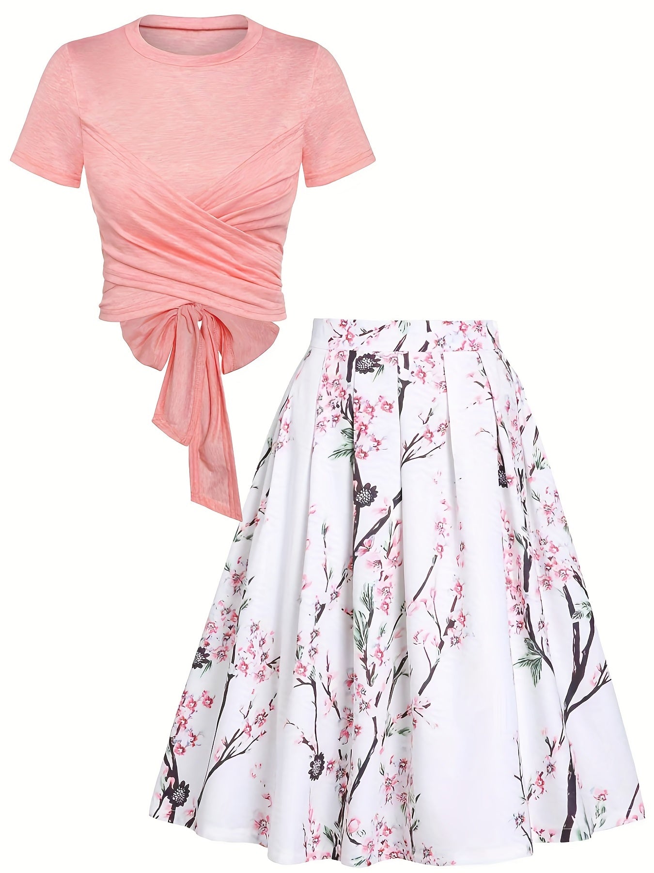 Women's Elegant Spring & Summer Two-piece Set - Floral Print Pleated Skirt & Knotted Short Sleeve Tee Outfit