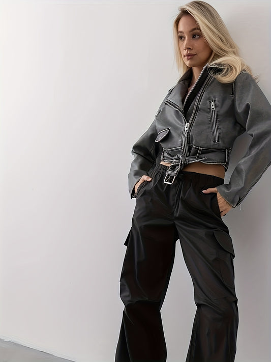 Cropped Faux Leather Biker Jacket, Vintage Slant Pockets Belt Decor Jacket, Women's Clothing