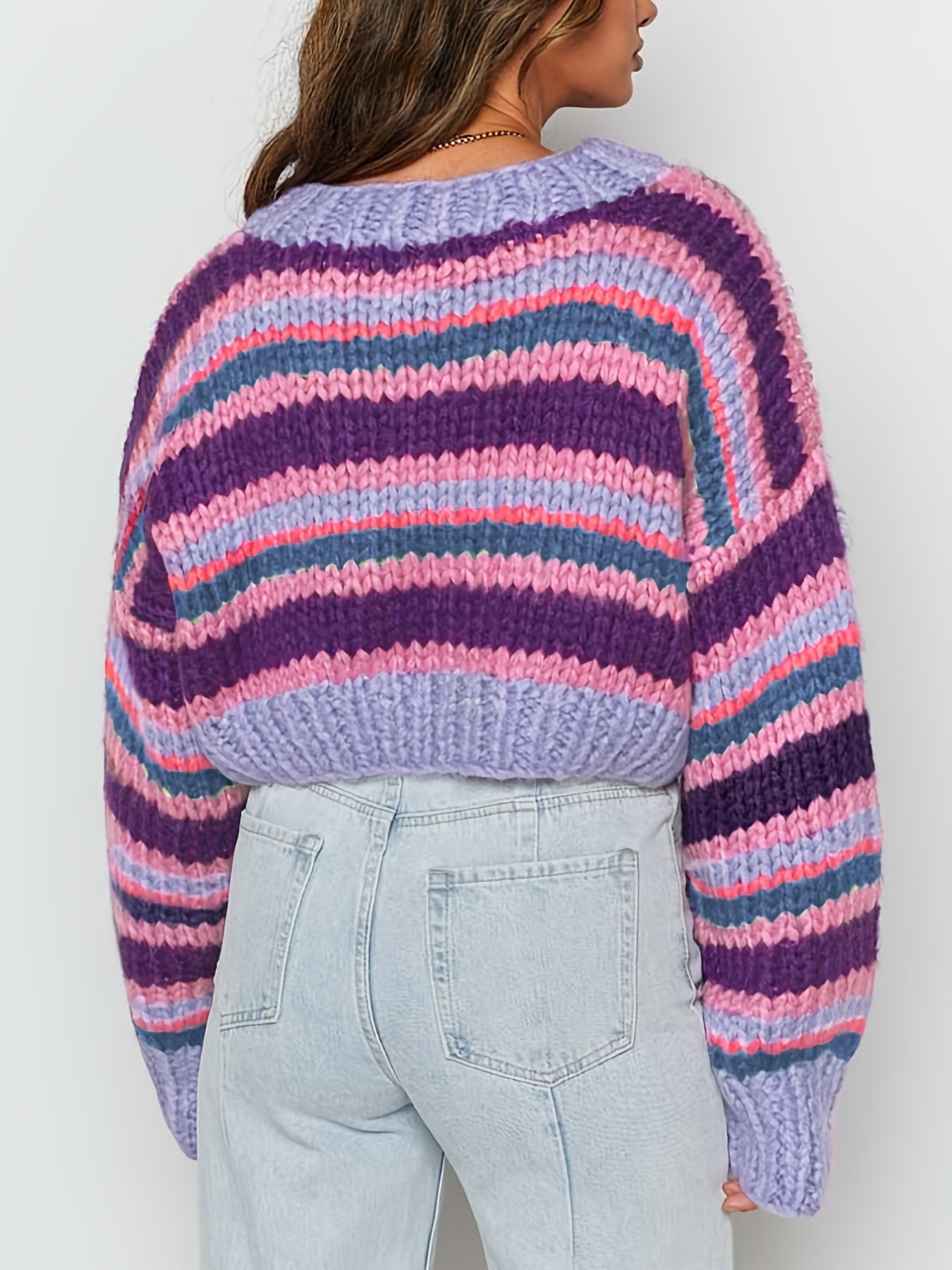 Sixsr Y2K Striped Crew Neck Crop Sweater, Long Sleeve Drop Shoulder Sweater, Women's Clothing