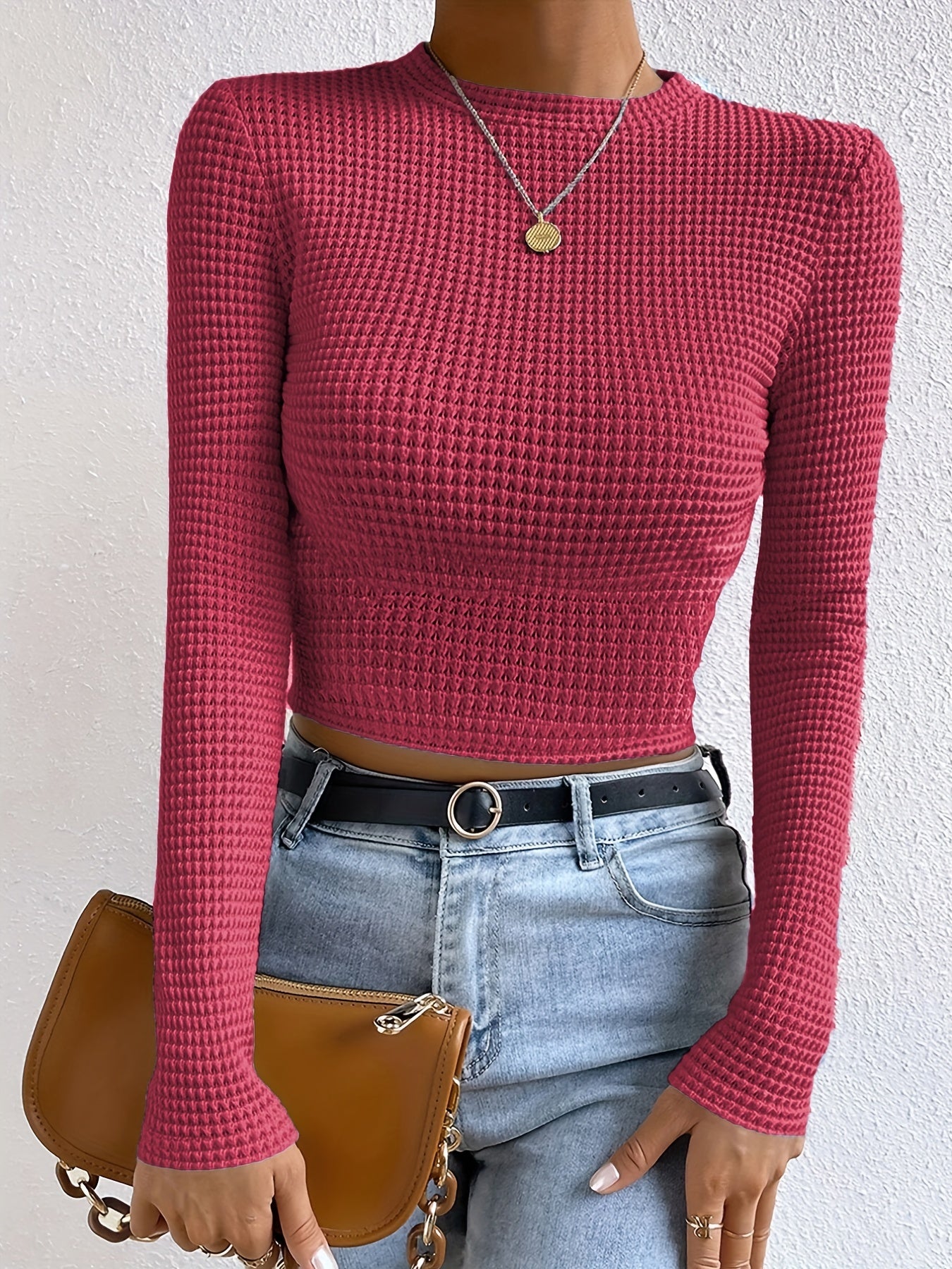 Sixsr Waffle Slim Crew Neck T-Shirt, Casual Long Sleeve Top For Spring & Fall, Women's Clothing