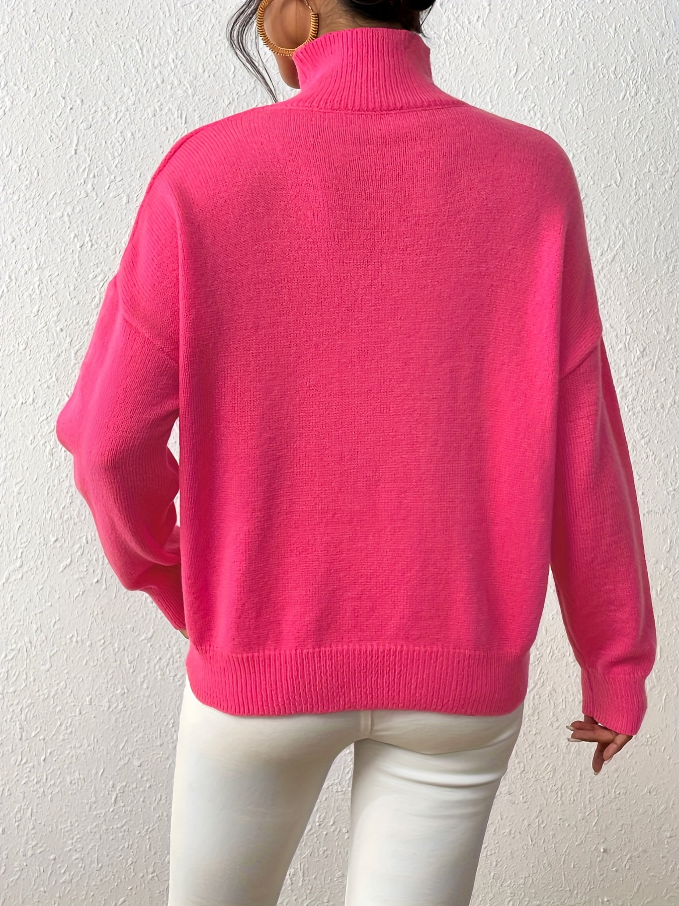 Sixsr Solid Mock Neck Knit Sweater, Casual Drop Shoulder Long Sleeve Sweater, Women's Clothing