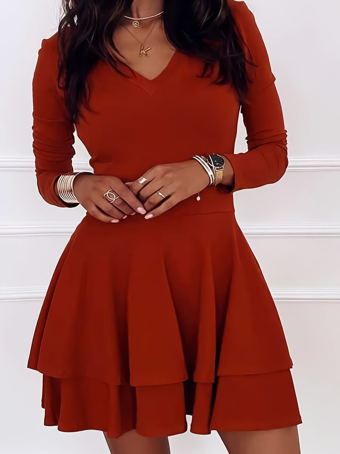 Sixsr Plus Size Elegant Dress, Women's Plus Solid Long Sleeve V Neck Layered Ruffle Trim High Stretch Mini Dress