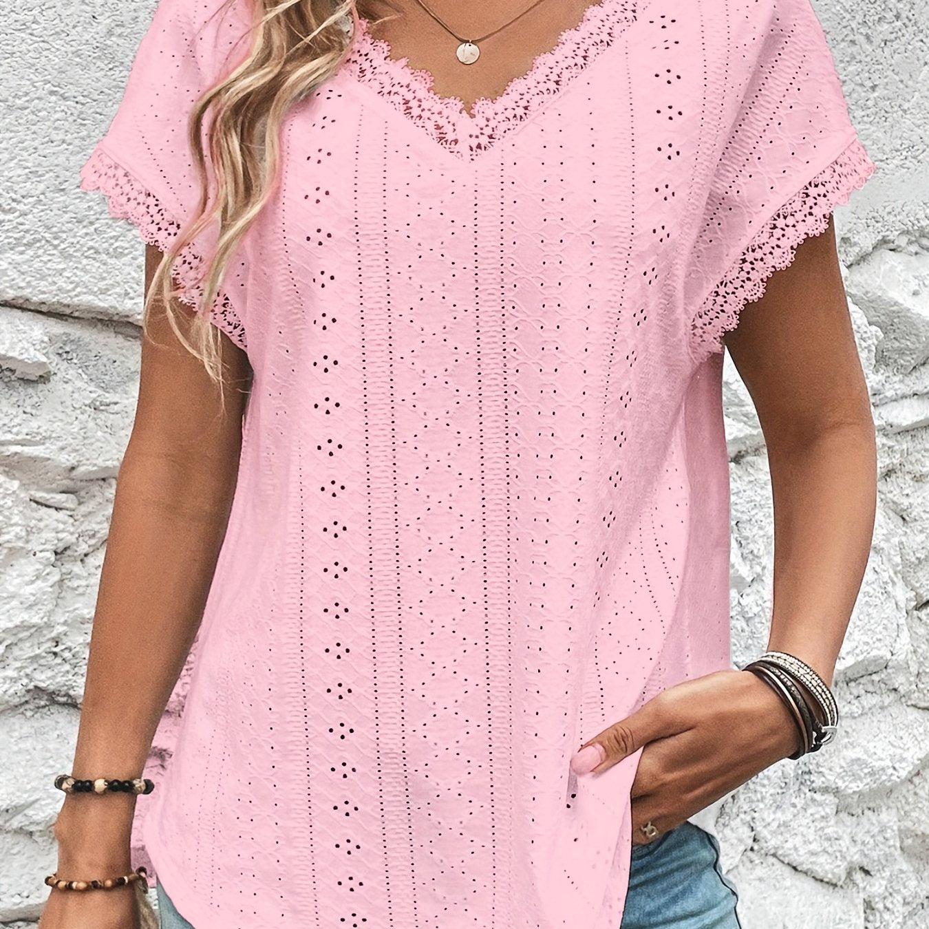 Sixsr Lace Trim Eyelet Blouse, V Neck Loose Casual Top For Spring & Summer, Women's Clothing