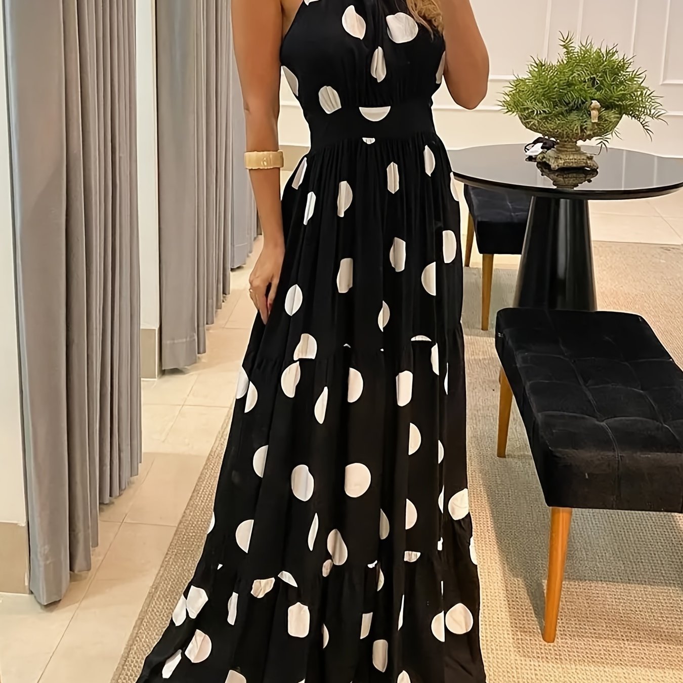 Sixsr Polka Dot Halter Neck Dress, Sexy Backless Sleeveless Slim Waist Maxi Dress, Women's Clothing