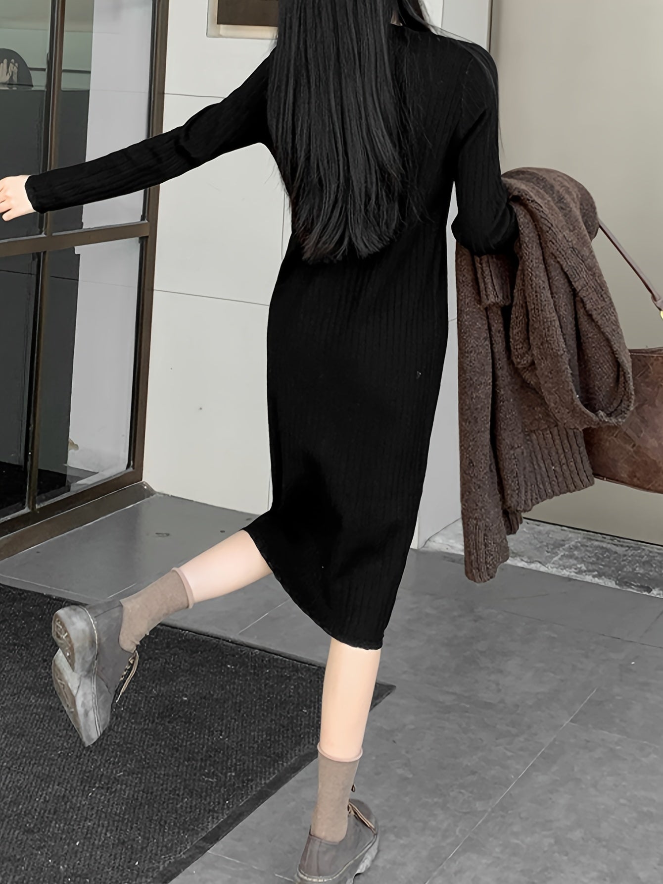 Sixsr Button Front Solid Dress, Elegant Long Sleeve Dress For Spring & Fall, Women's Clothing