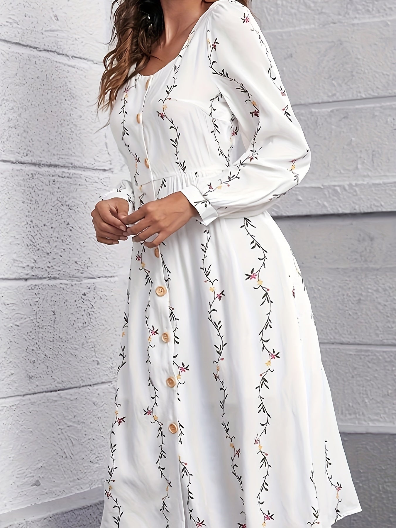 Sixsr Floral Print Button Front Dress, Elegant Long Sleeve A-line Dress, Women's Clothing