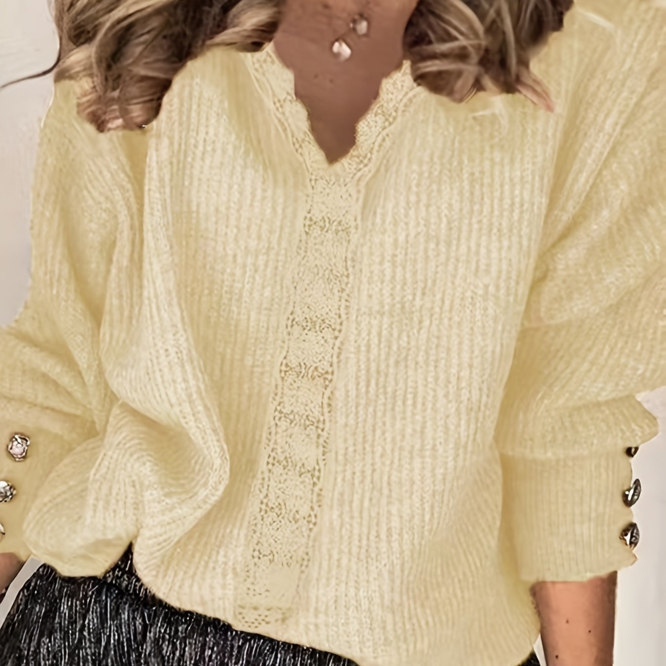 Sixsr Plus Size Casual Sweater, Women's Plus Crochet Contrast Panel V Neck Slight Stretch Sweater