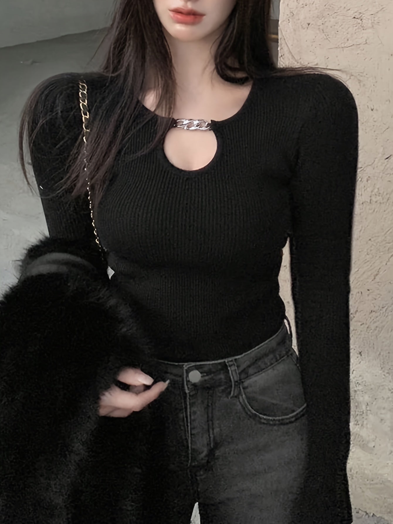 Sixsr Solid Chain Cut Out Knitted Top, Casual Long Sleeve Slim Inner Wear Sweater, Women's Clothing