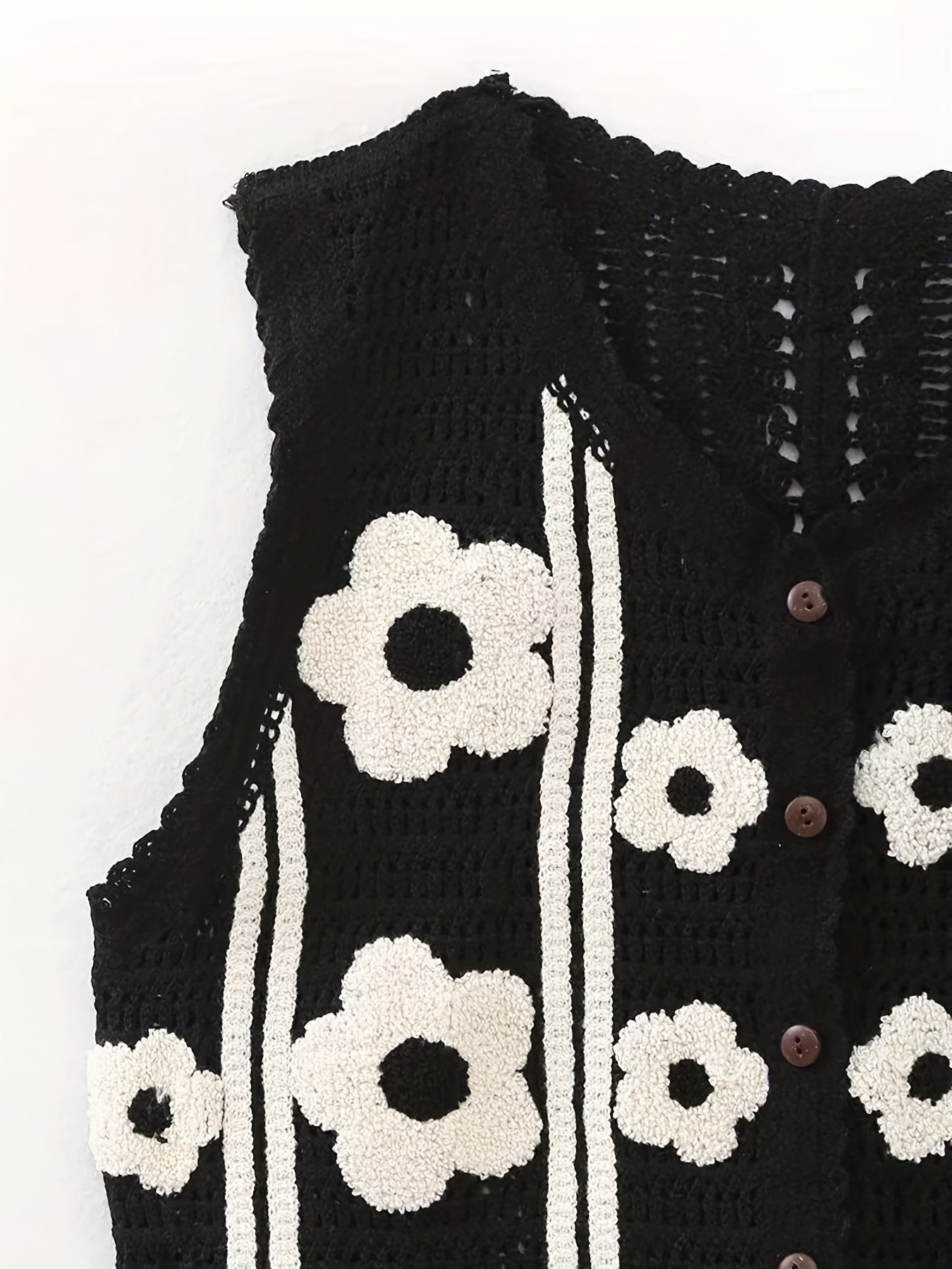 Sixsr Floral Pattern Button Crop Sweater Vest, Casual Sleeveless Hollow Sweater For Spring & Fall, Women's Clothing