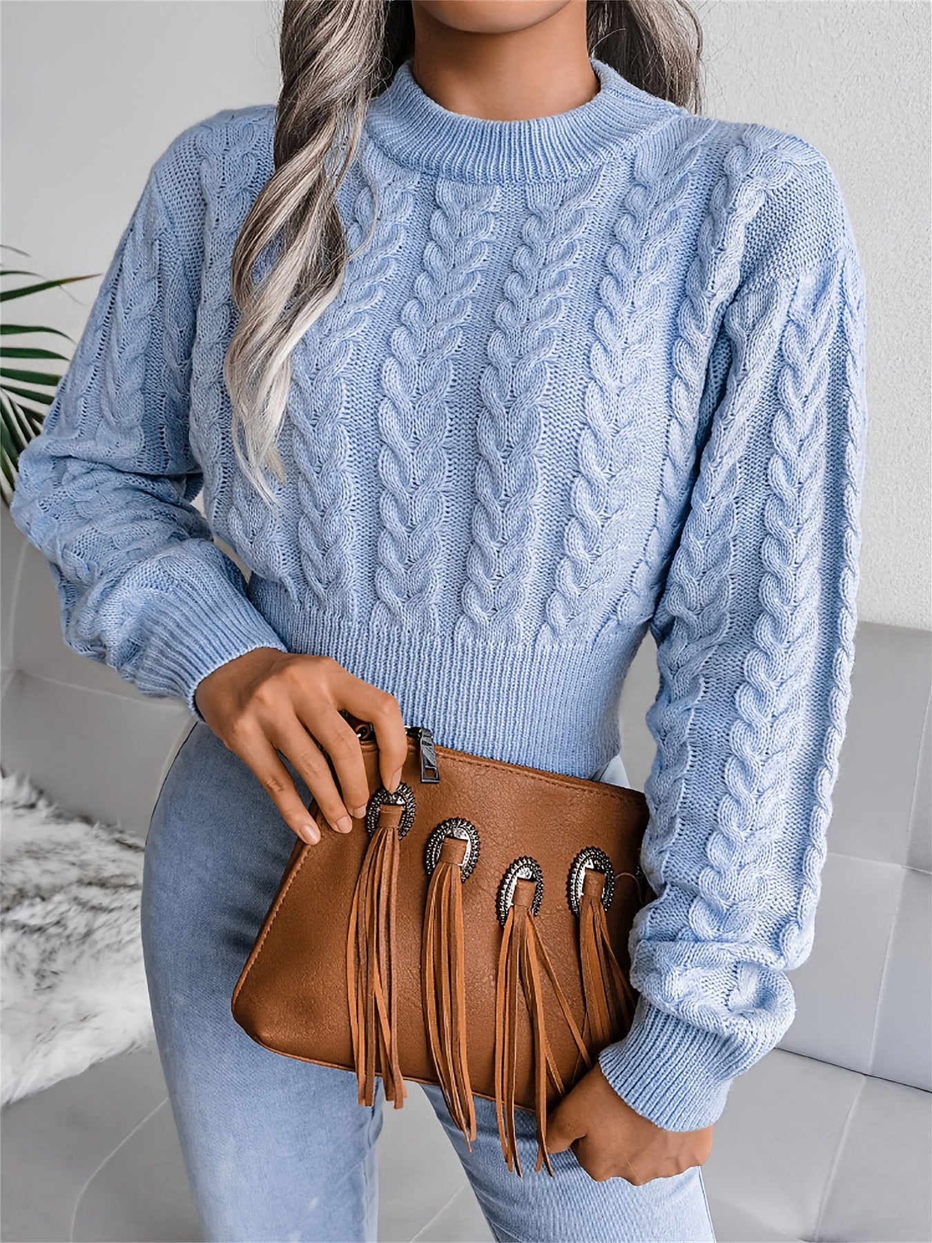 Sixsr Cable Crew Neck Crop Sweater, Casual Waist Long Sleeve Fall Winter Knit Crop Sweater, Women's Clothing