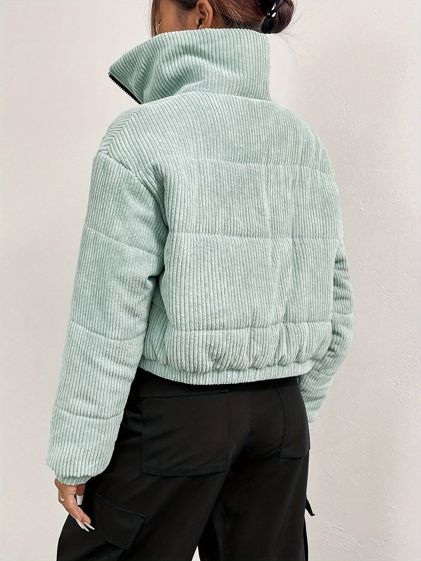 Sixsr Zip Front Stand Collar Coat, Casual Long Sleeve Winter Warm Outerwear, Women's Clothing