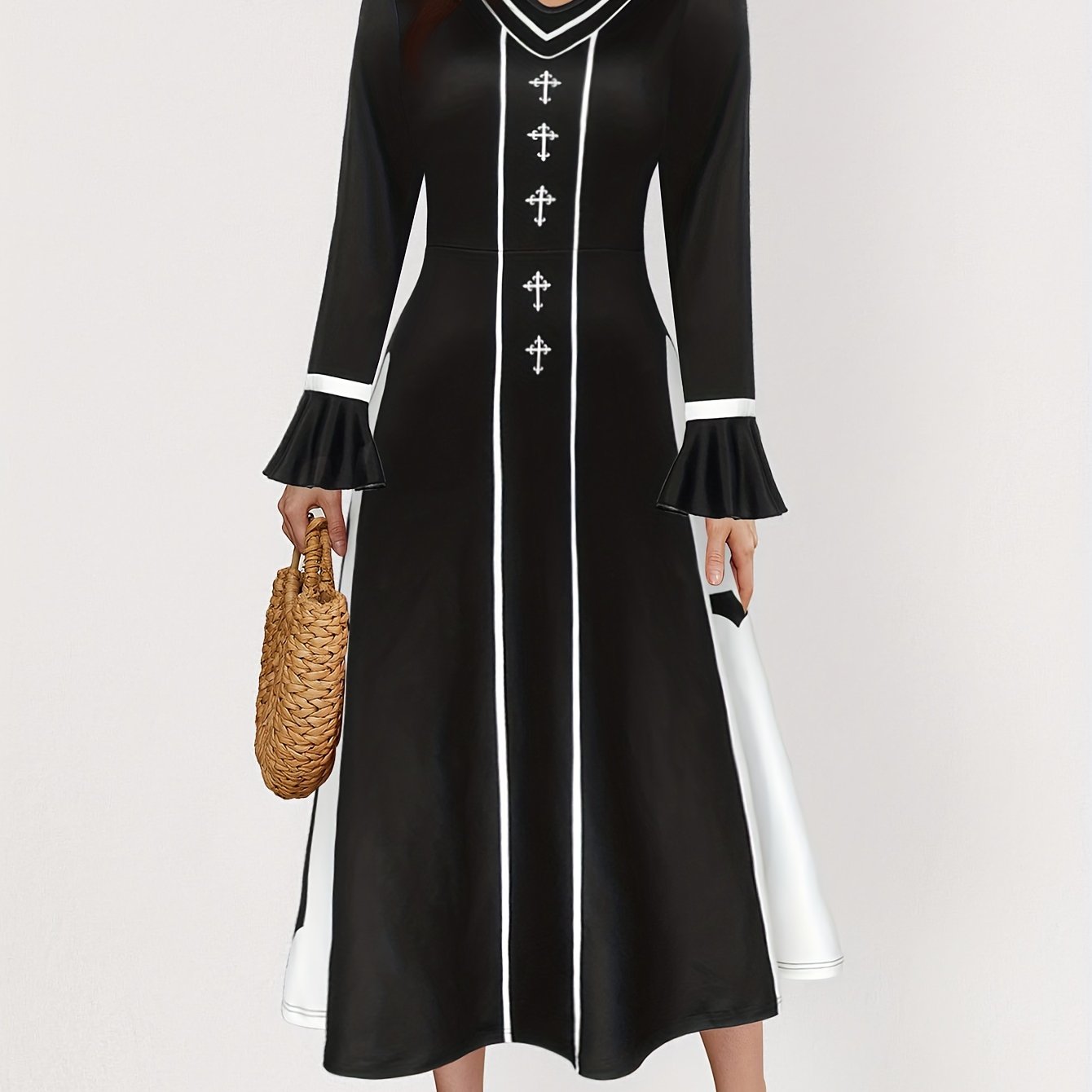 Sixsr Cross Print Color Block Dress, Casual Long Sleeve V Neck Dress, Women's Clothing