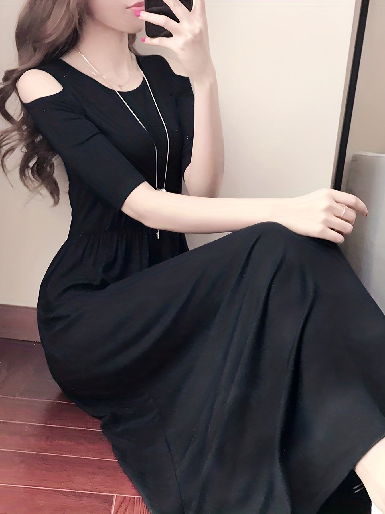 Sixsr Solid Cold Shoulder Dress, Elegant Half Sleeve Crew Neck Dress, Women's Clothing