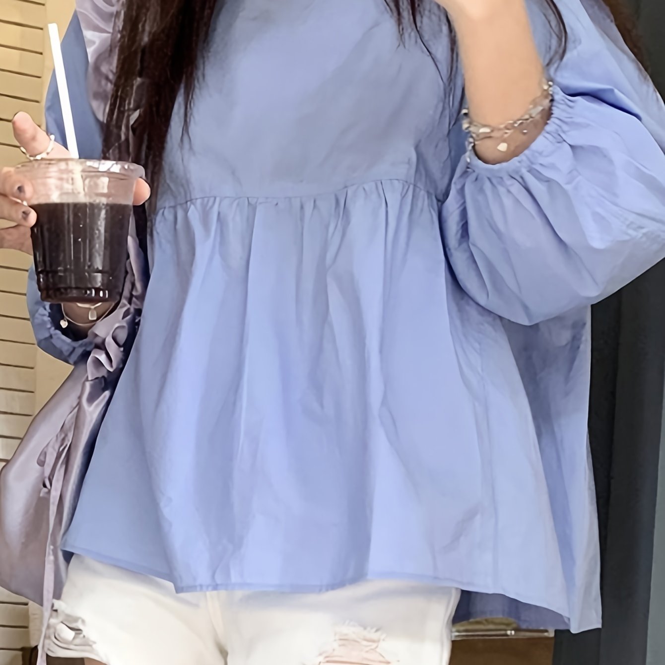 Sixsr Solid Crew Neck Smocked Blouse, Casual Long Sleeve Blouse For Spring & Fall, Women's Clothing