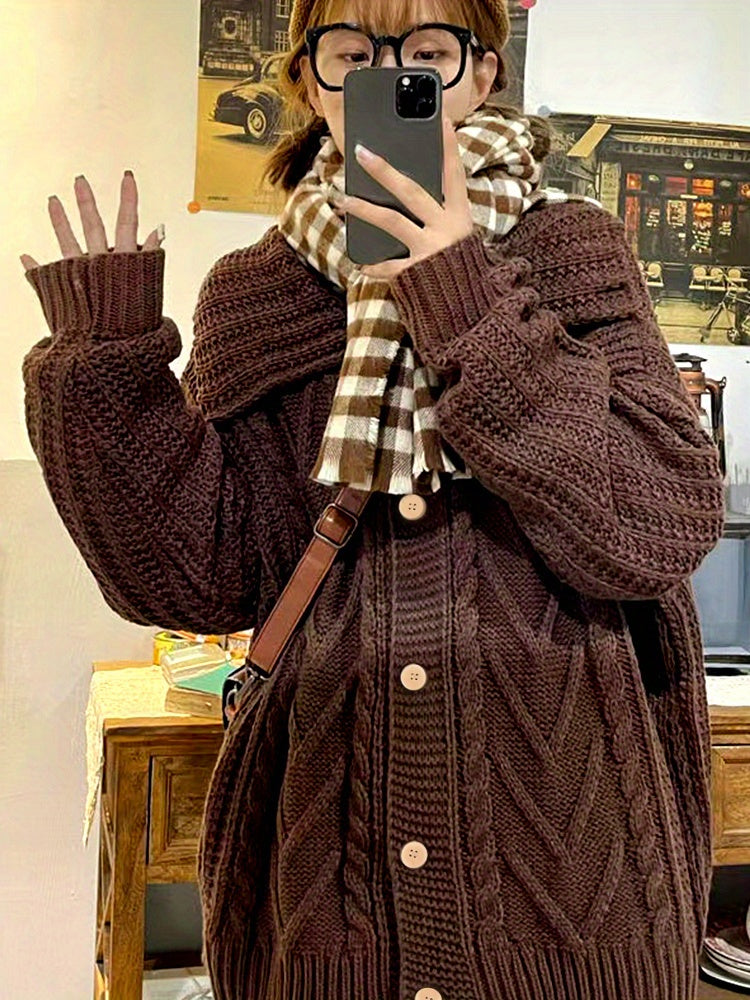 Sixsr Lapel Neck Drop Shoulder Cardigan, Vintage Long Sleeve Cardigan For Fall & Winter, Women's Clothing