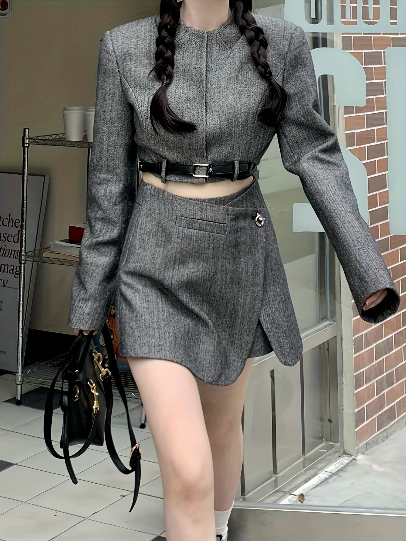 Sixsr Solid Crew Neck Belt Crop Top, Stylish Long Sleeve Top For Spring & Fall, Women's Clothing