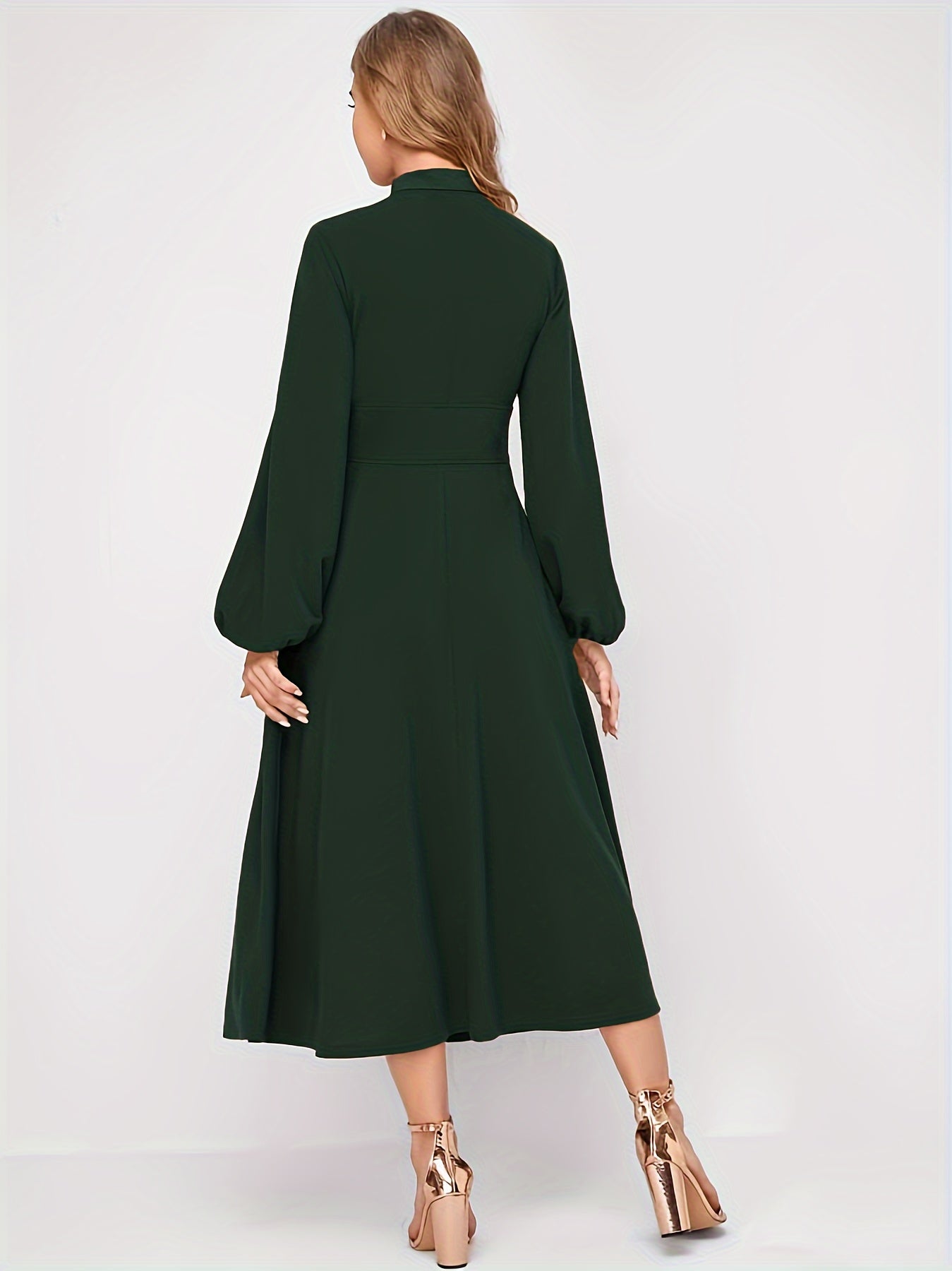 Sixsr Solid Tie Neck Midi Dress, Elegant Lantern Long Sleeve Dress, Women's Clothing