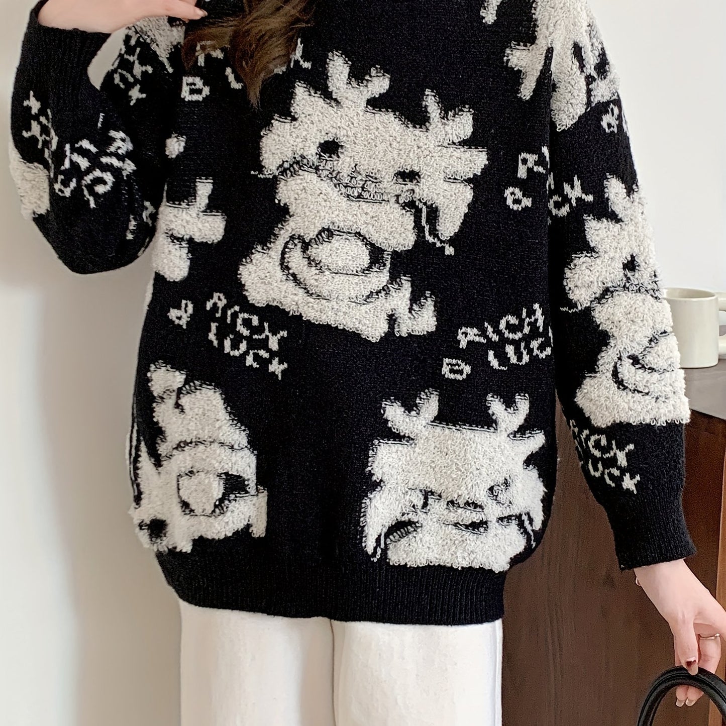 Sixsr Dragon Pattern Crew Neck Pullover Sweater, Cute Long Sleeve Fall Winter Sweater, Women's Clothing