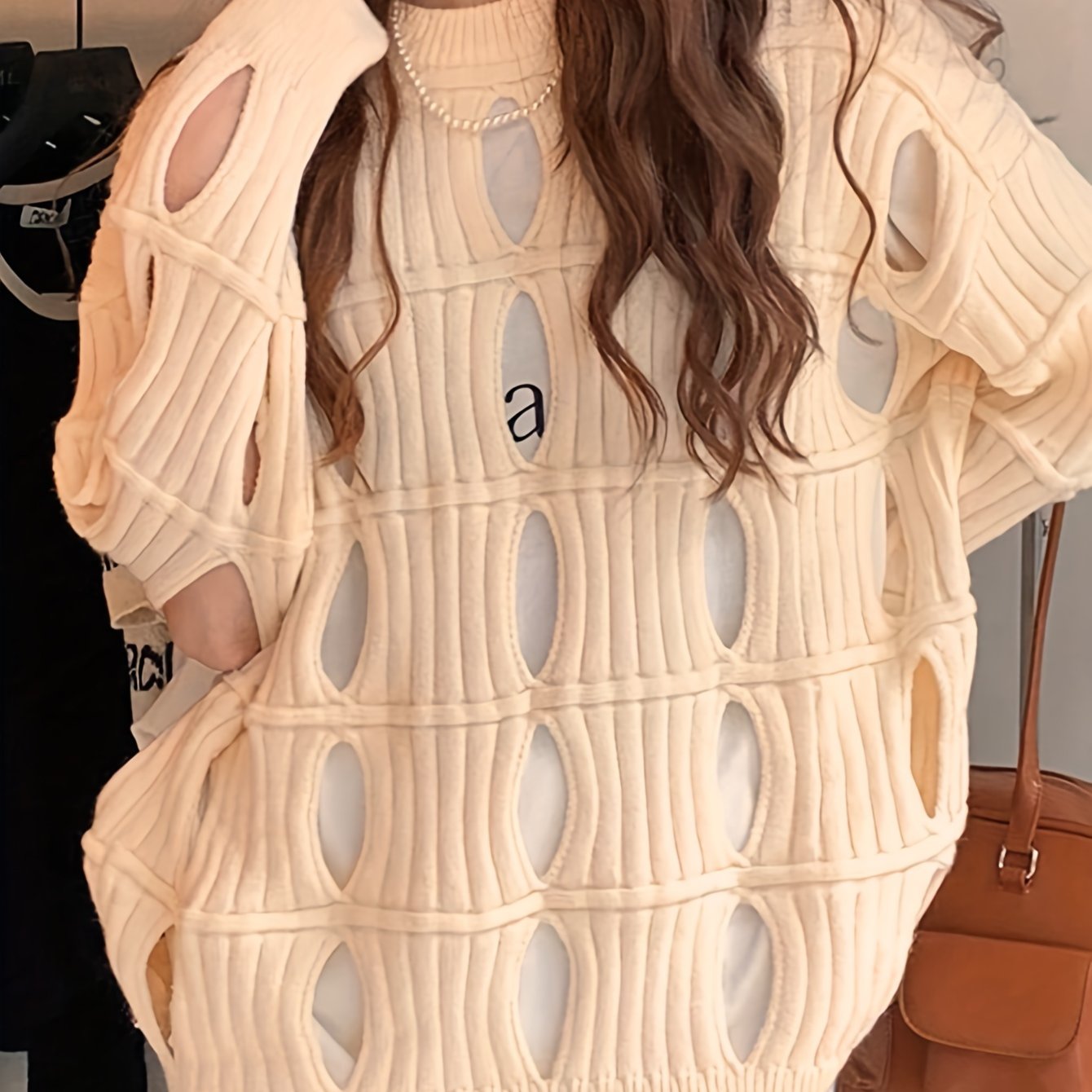 Sixsr Solid Cut Out Pullover Sweater, Casual Long Sleeve Loose Stylish Sweater, Women's Clothing