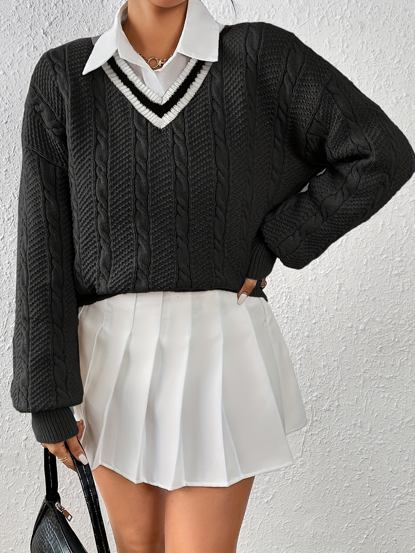 Sixsr Cable Knit V Neck Pullover Sweater, Casual Long Sleeve Loose Sweater, Women's Clothing