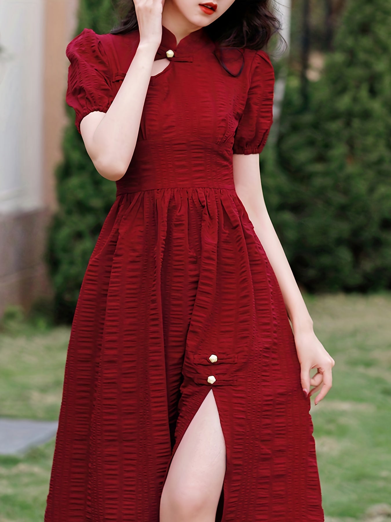 Sixsr Ruched Split Dress, Elegant Solid Puff Sleeve Midi Dress, Women's Clothing