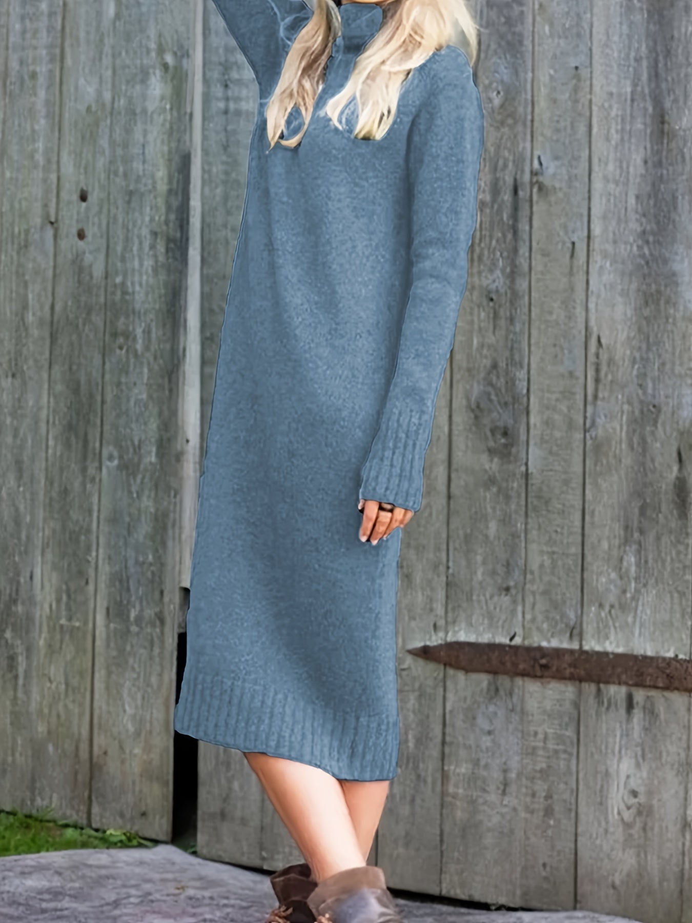 Sixsr Solid High Neck Sweater Dress, Casual Long Sleeve Midi Dress, Women's Clothing