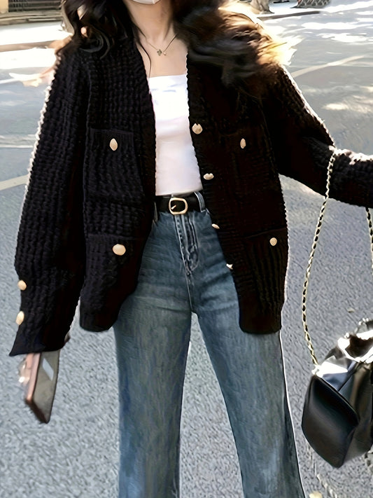 Sixsr Solid Button Down Knit Cardigan, Casual Long Sleeve Sweater Outwear With Pocket, Women's Clothing