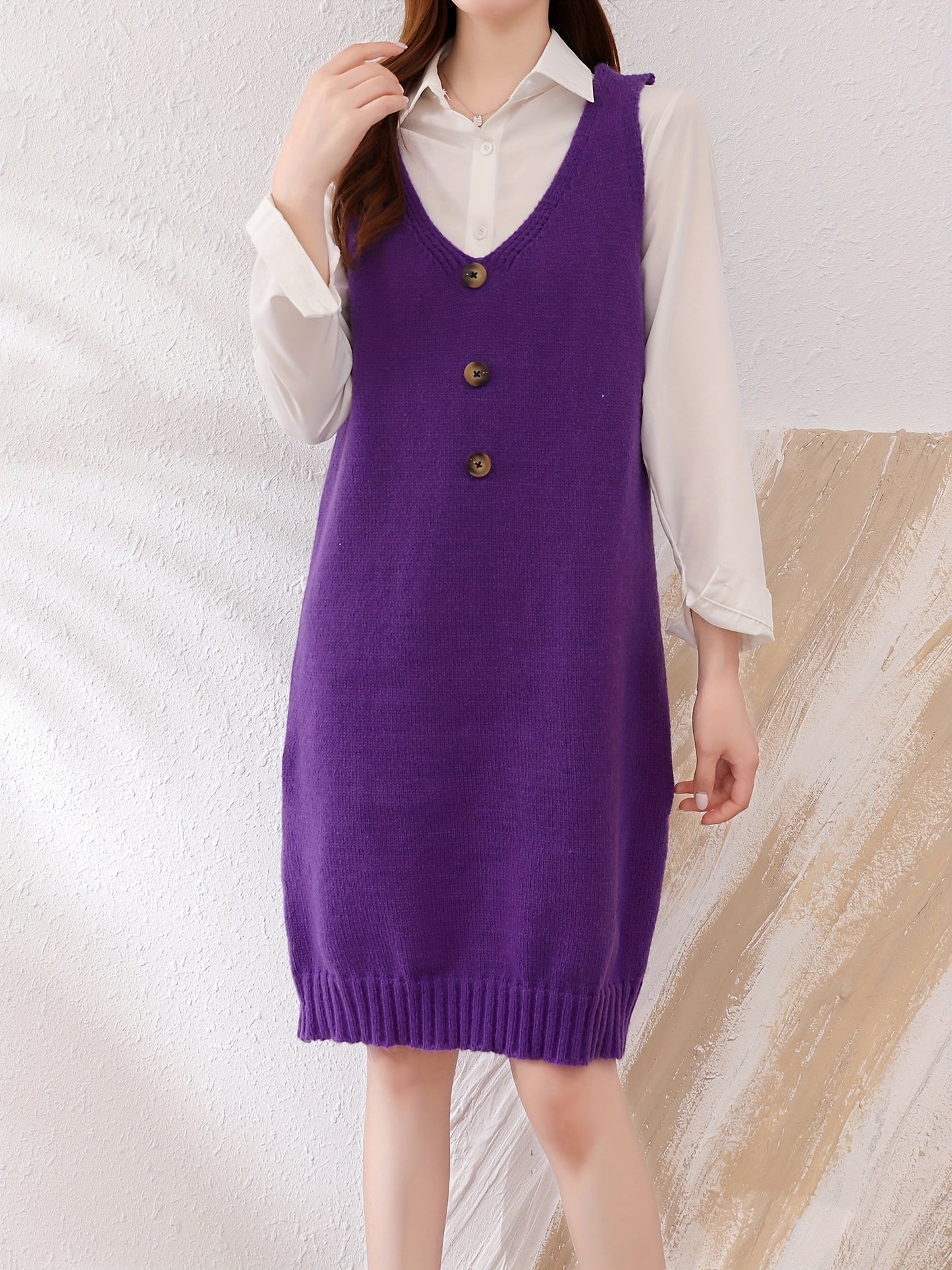 Sixsr Plunging Solid Midi Dress, Elegant Sleeveless Knitted Dress With Buttons, Women's Clothing