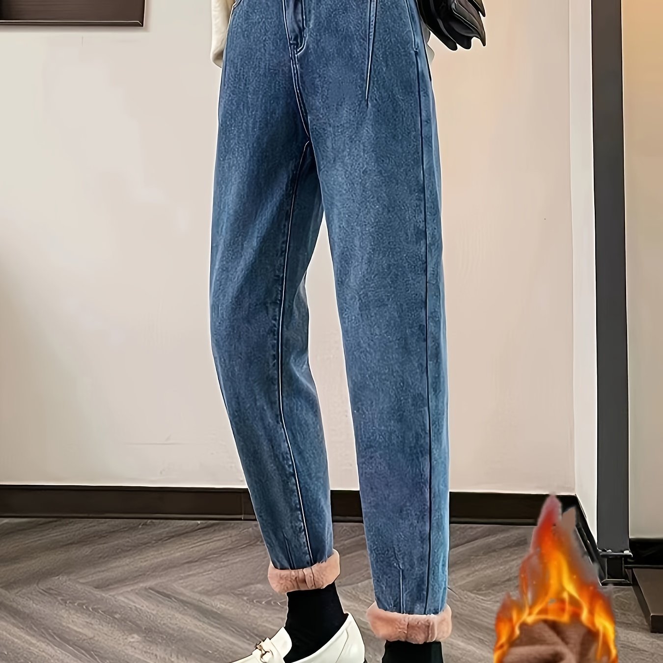 Sixsr High Waist Versatile Tapered Jeans, Fleece Liner Keep Warm Casual Mom Jeans, Women's Denim Jeans & Clothing