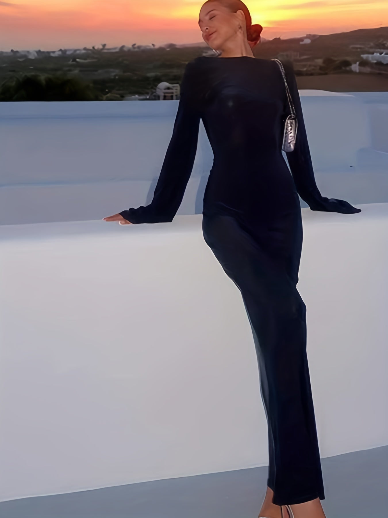 Sixsr Backless Solid Dress, Sexy Boat Neck Long Sleeve Maxi Dress, Women's Clothing