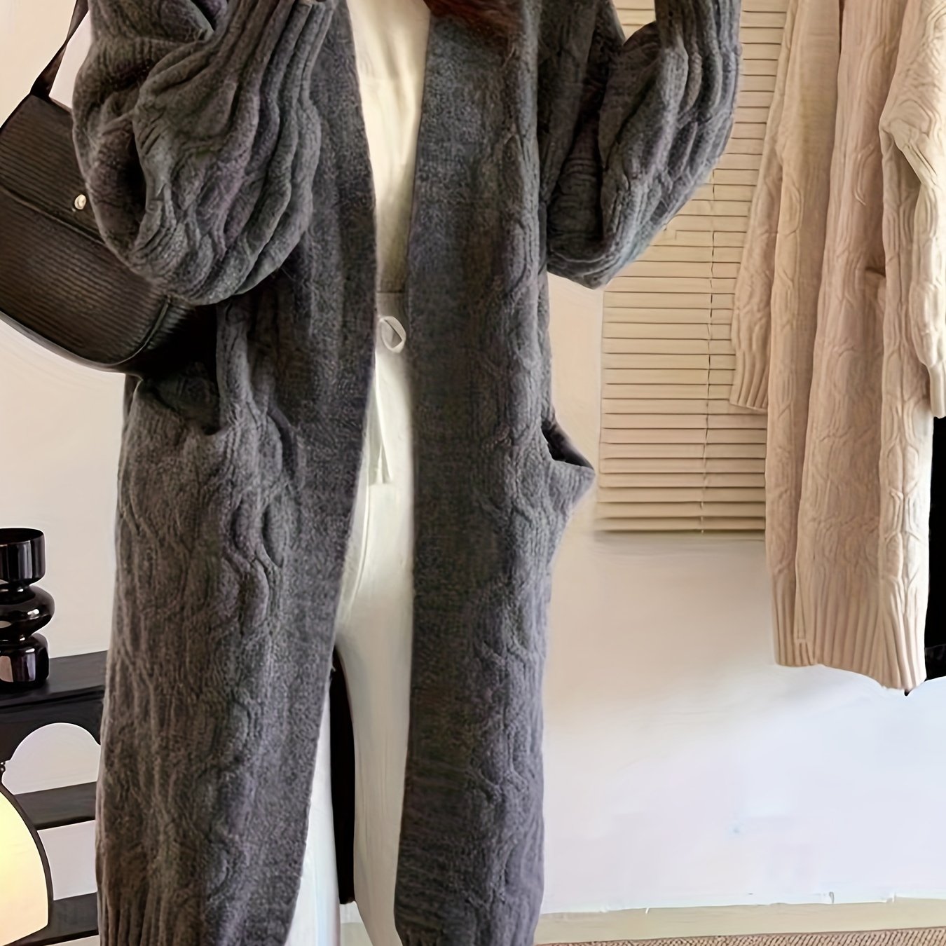 Sixsr Solid Open Front Cable Knit Cardigan, Casual Long Sleeve Warm Sweater Coat With Pocket, Women's Clothing