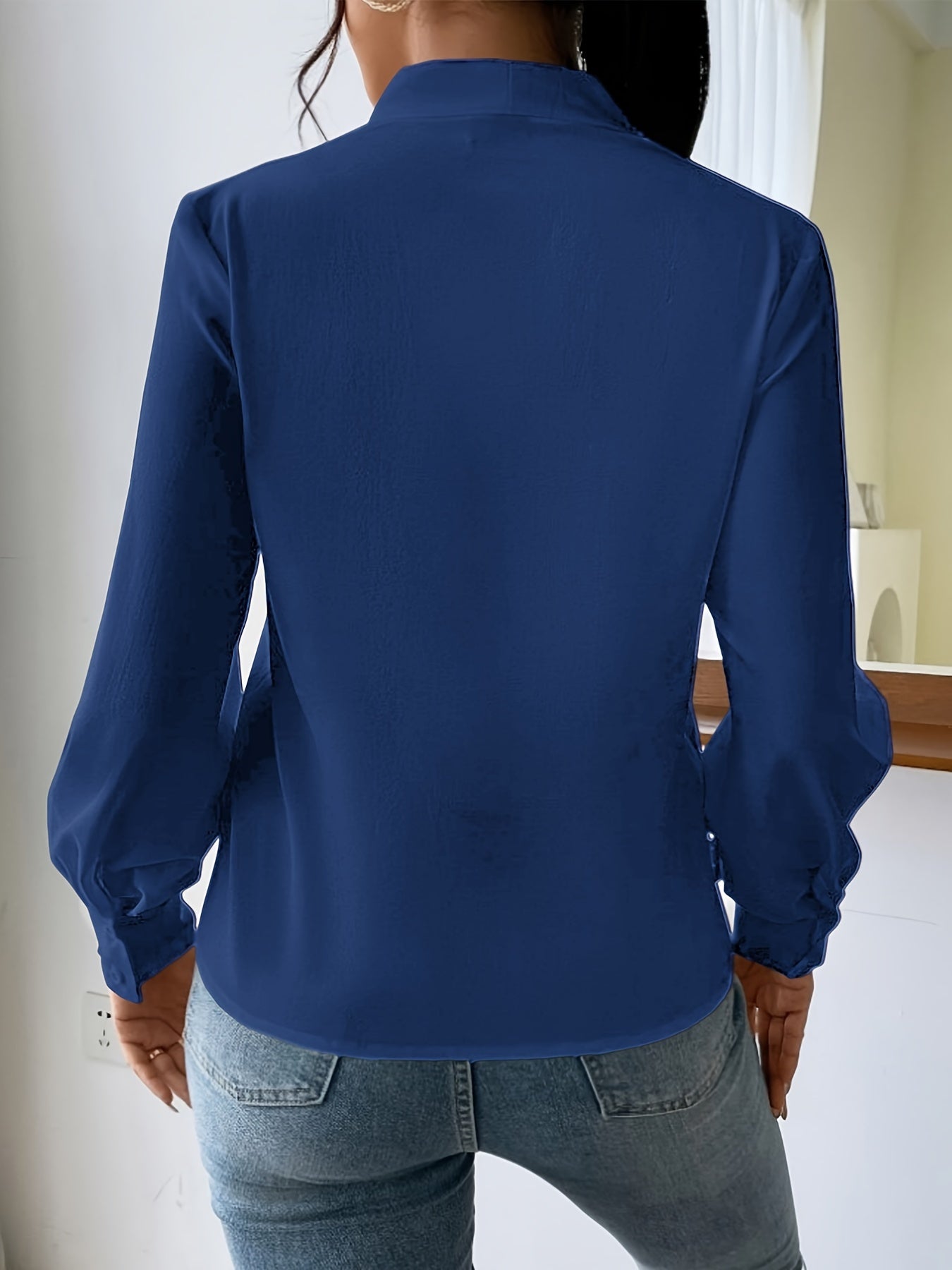 Sixsr Tucked Simple Blouse, Casual V Neck Long Sleeve Blouse, Women's Clothing