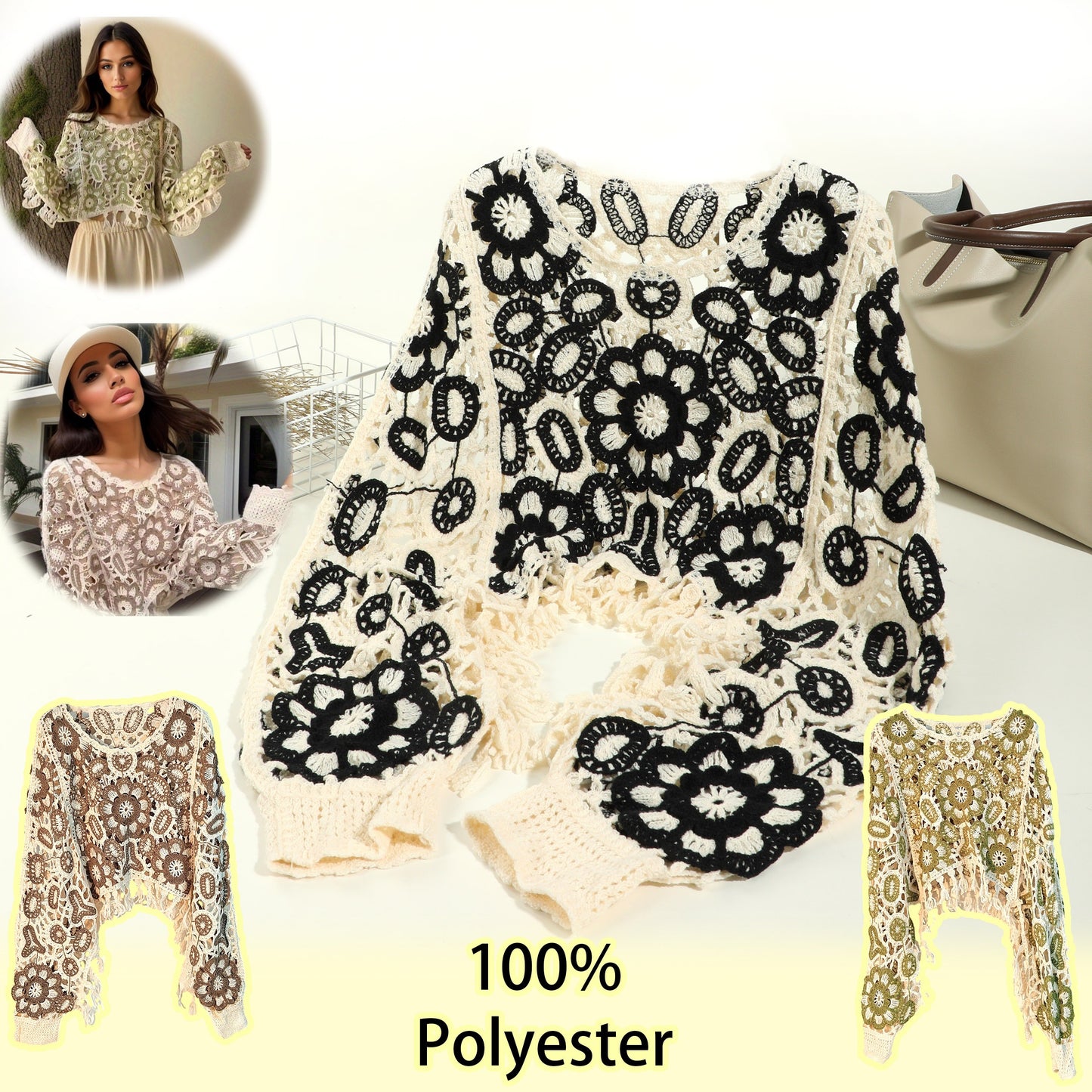 Sixsr Floral Hollow Out Tassel Shawl Elegant Long-sleeved Pullover Shawl Casual Daily Travel Versatile Coat